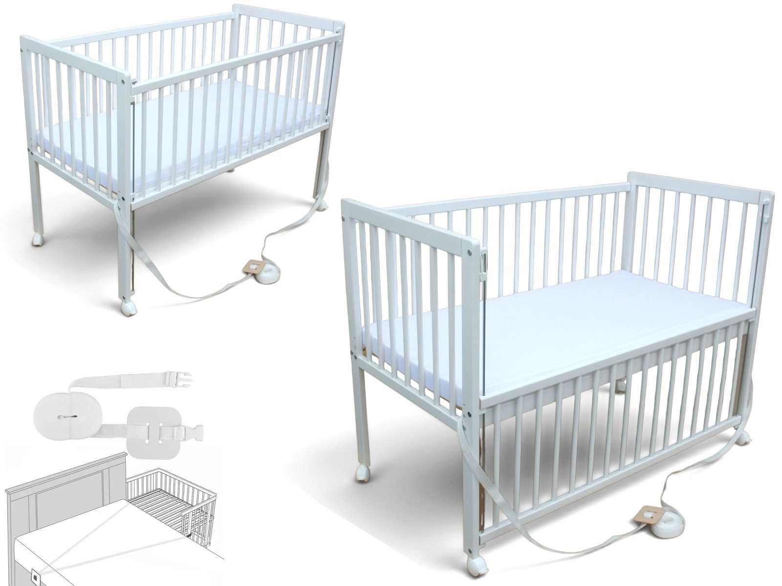 Beistellbett Kinderbett Beistellbett Babybett 2in1 120x60cm mit Matratze und Gurt