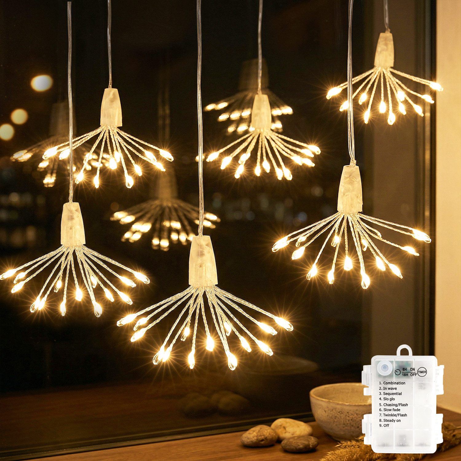 Salcar LED-Lichterkette LED Leuchtstäbe Feurwerk Garten LED Leuchtstern 3 / 6 Stück Warmweiß, 3D Feuerwerk-Design mit 6-teiliges Feuerwerk Liter 90 LED