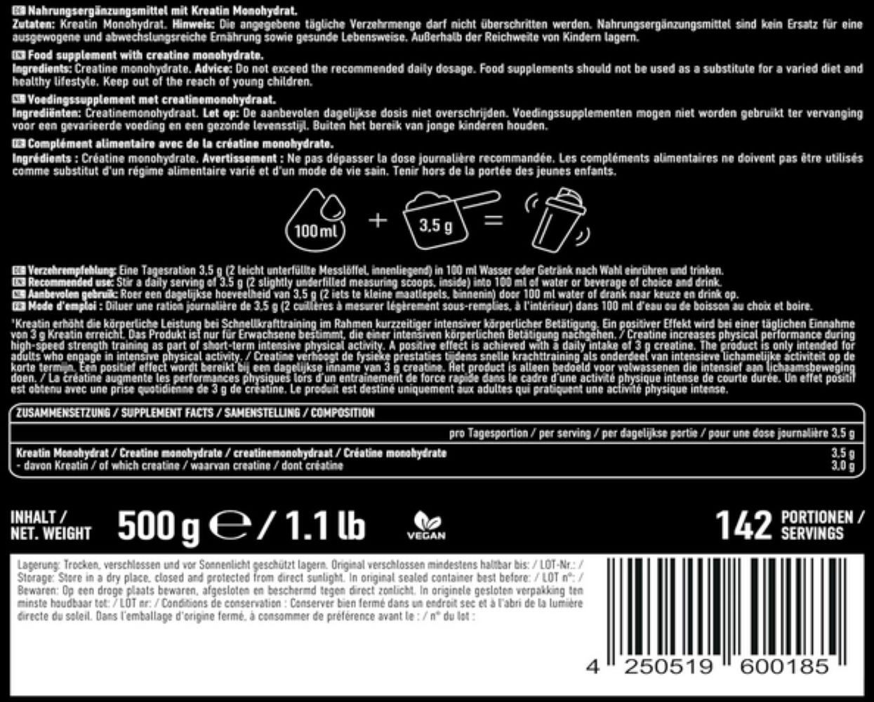 ESN ESN Creatin Monohydrat Pulver 100% Creatine Ultrapure 500g Kreatin Pulver, 500 g, Mikronisierte Qualität