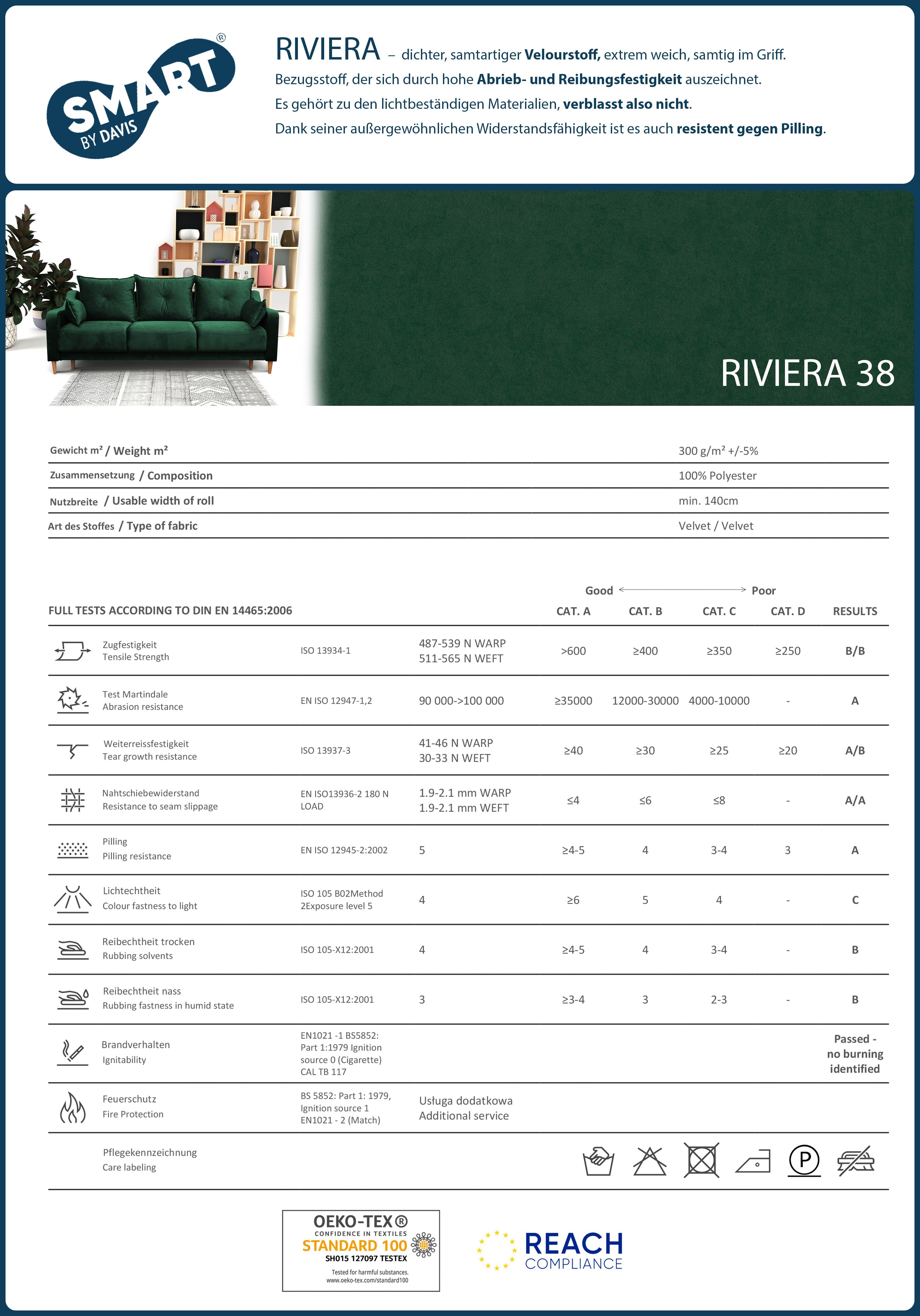 mit Schlaffunktion und cm Holzbeine 217 mit Stil, Polstersofa, im LENNY, Beautysofa Dunkelgrün Sofa (riviera 38) Skandinavisches Bettkasten, Sofa