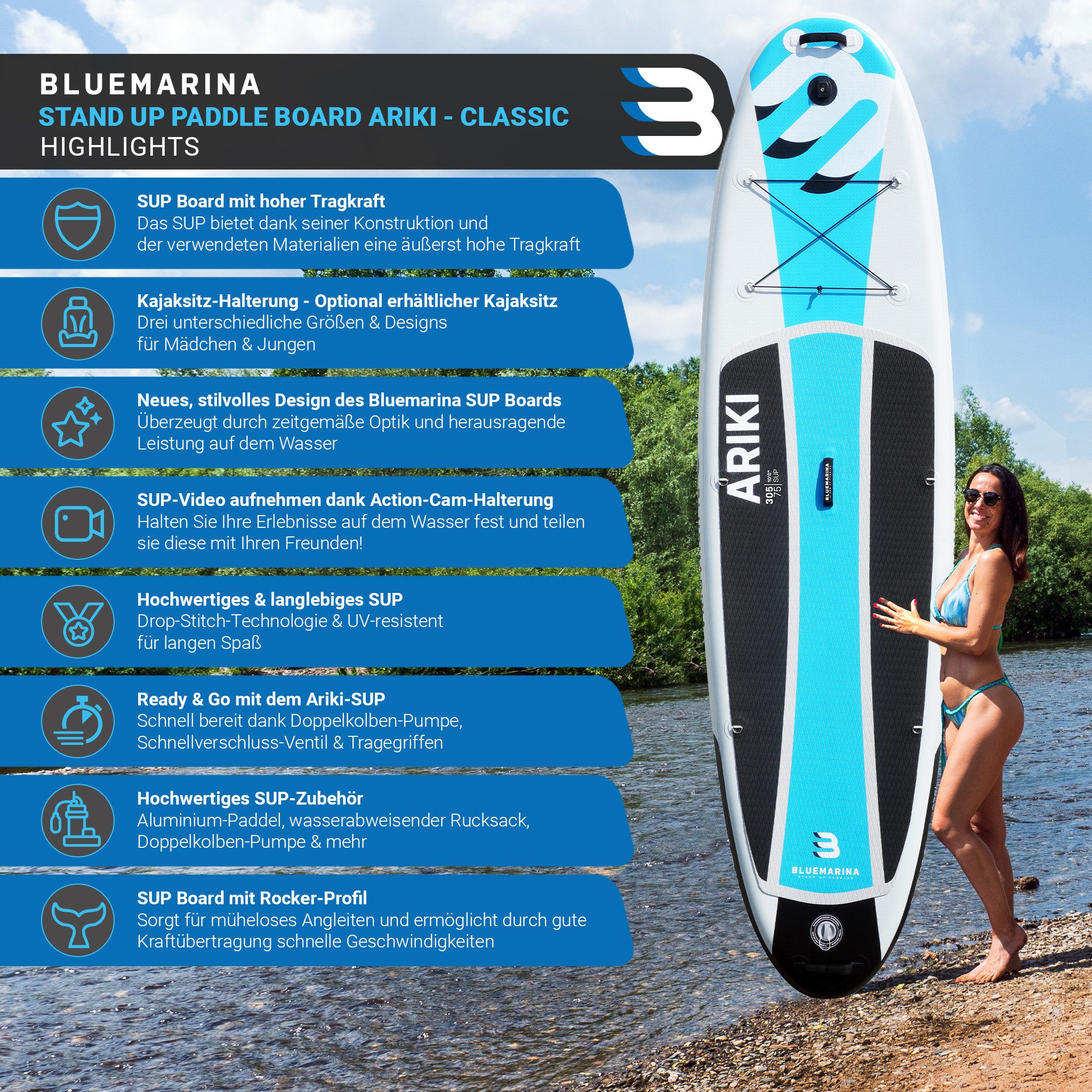 Bluemarina SUP-Board Ariki SUP Board Standuppaddle aufblasbar inkl. 5 J. Garantie, aufblasbar, (SUP aufblasbar, SUP Anfänger, Stand Up Paddel Board 200 kg, Stand Up Paddle, SUP Board, Stand Up Paddel Board), Surfbrett, Surfboard, Paddelboard, SUP