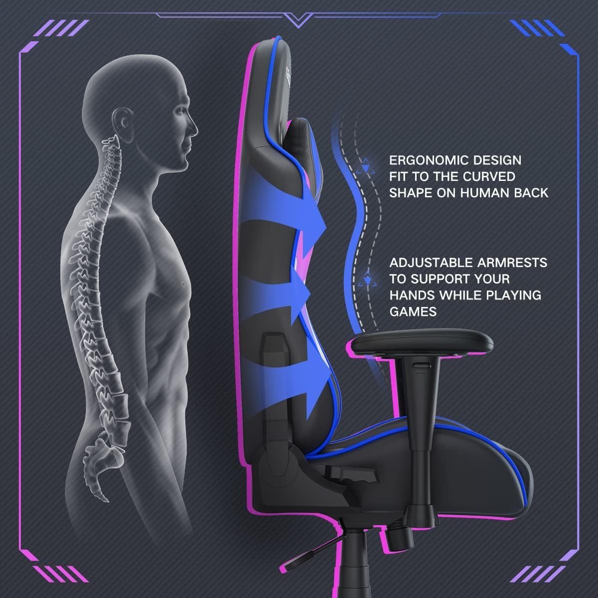 Ergonomischer Gaming-Stuhl Hbada Drehsessel), Lendenwirbelstütze,Kopfstütze Atmungsaktiv PU 150KG Leder Verstellbarer (Rückenlehne Hohe