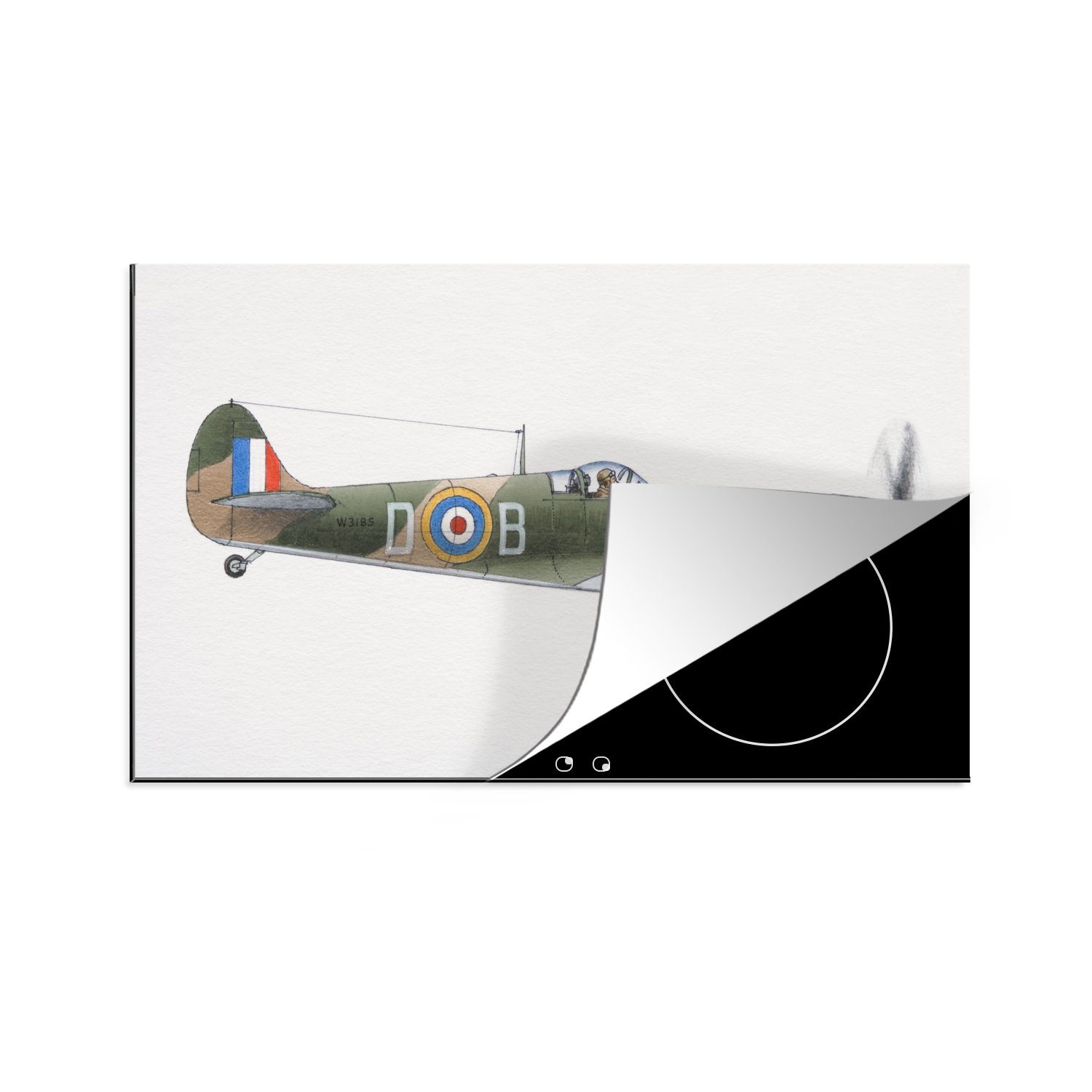 MuchoWow Herdblende-/Abdeckplatte Eine Illustration einer Supermarine Spitfire, Vinyl, (1 tlg), 83x51 cm, Ceranfeldabdeckung, Arbeitsplatte für küche | Herdabdeckplatten