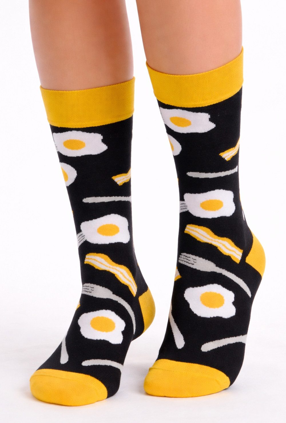 Martinex Socken 1 Paar Themensocken Strümpfe für Damen Herren Kinder socks in Schwarz mit Spiegeleiern, Frühstück 34 35 36 37 38 39 40 41 42 43 44 45 36