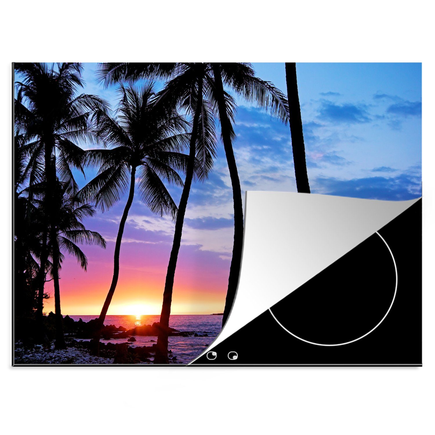 MuchoWow Herdblende-/Abdeckplatte Der farbenprächtige Sonnenuntergang hinter einer Reihe von Palmen auf, Vinyl, (1 tlg), 70x52 cm, Mobile Arbeitsfläche nutzbar, Ceranfeldabdeckung