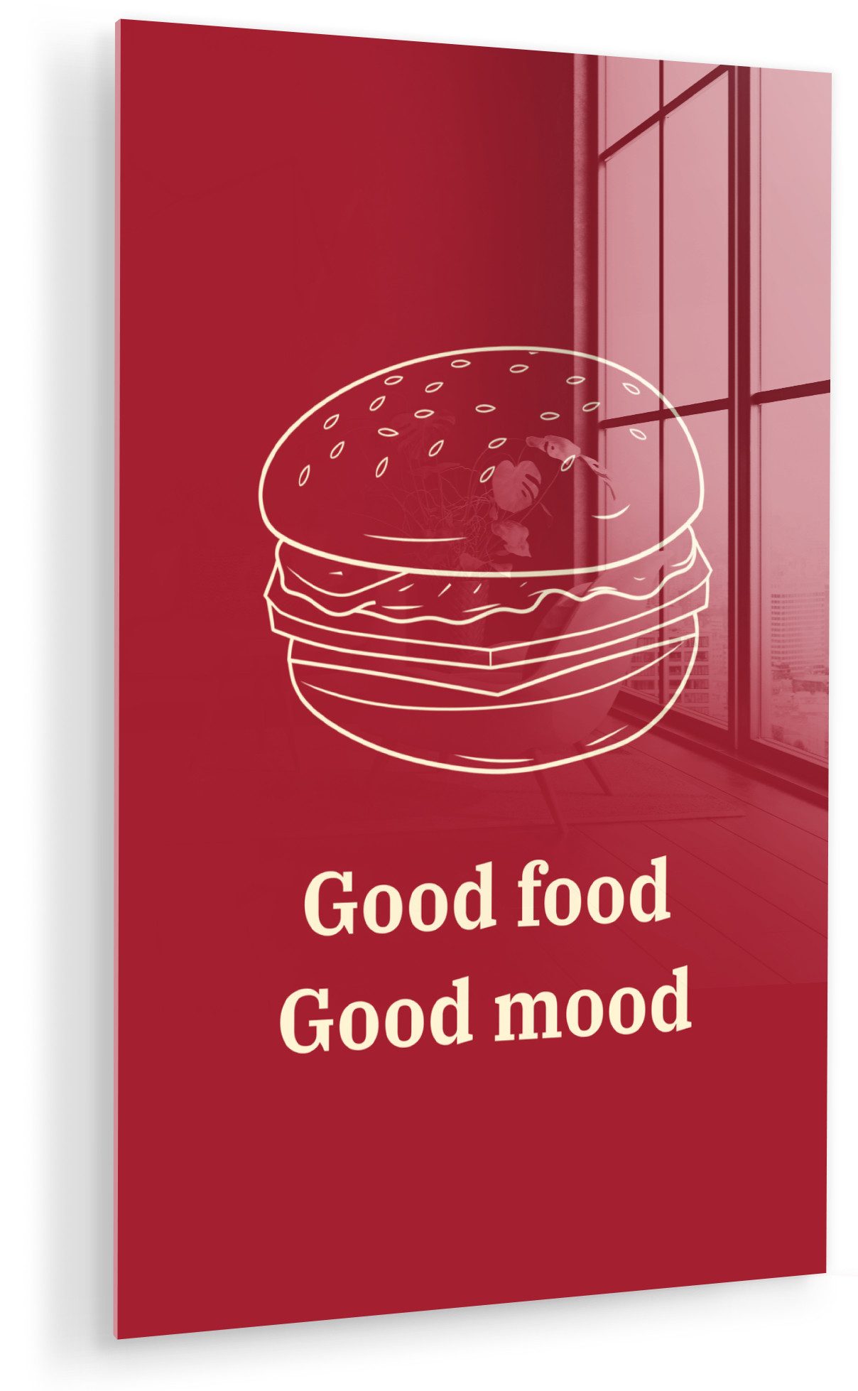 MuchoWow Acrylglasbild Tiefrot - Strichzeichnung - Text - Hamburger, Inkl. Aufhängung, Dekorative Bild für Küche & Wohnzimmer auf Glas, 20x30 cm