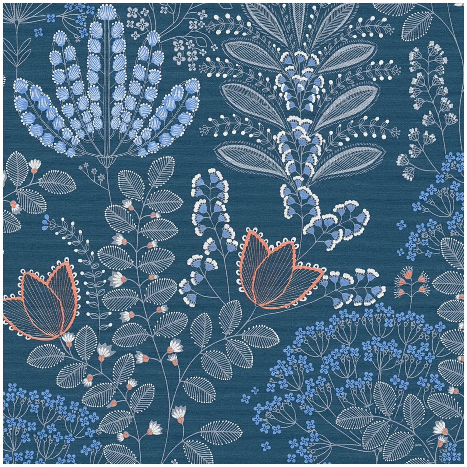 Profhome Vliestapete 393494-GU Blumen Tapete Floral matt blau weiß orange-rot, geprägt, (1 Rolle, 5,33 qm), heißgeprägte Vliestapete, blau
