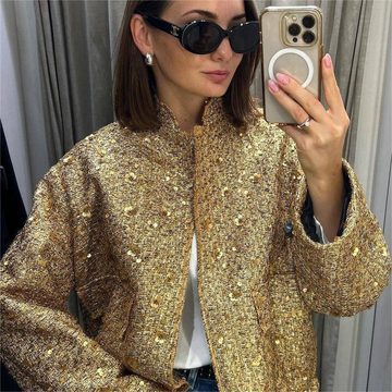 RUZU UG Wintermantel Jacke Damen Mode Tasche Gold verzierte Pailletten gesticktes Muster