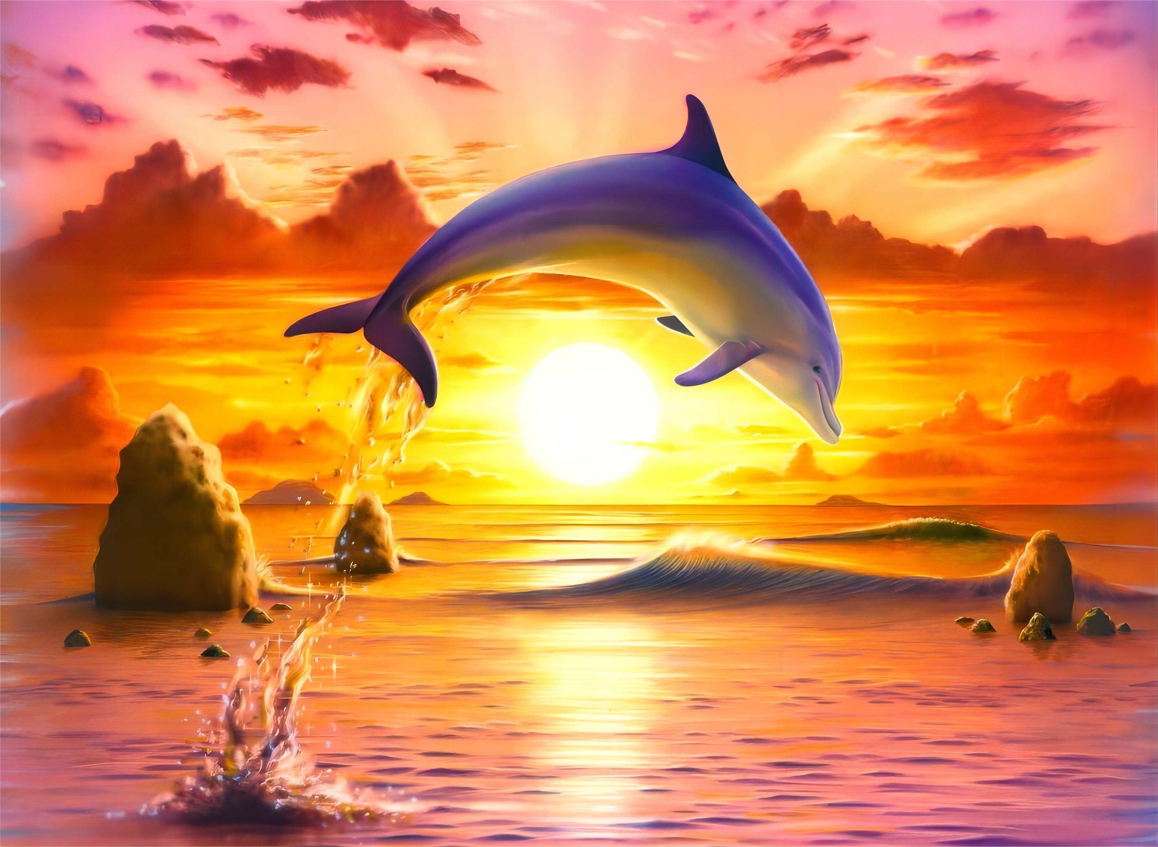 Rötting Design Malen nach Zahlen Diamond Painting Set 5D DIY Motiv Delphine im Sonnenuntergang (Komplett-Set), Diamond Painting Vollbild, Lieferung enthält alle Utensilien