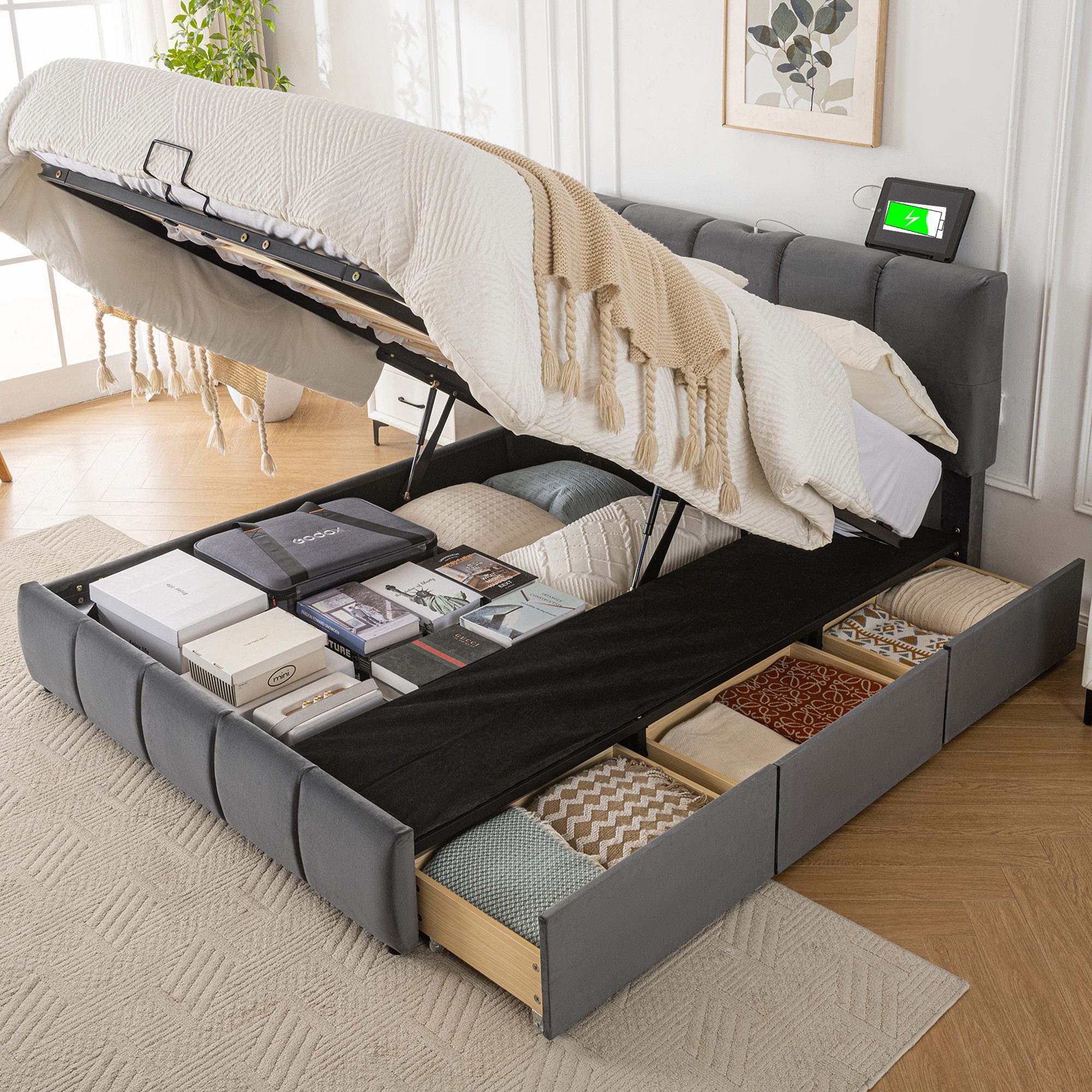 TavilaEcon Boxspringbett Doppelbett mit drei Schubladen und verstellbarem K günstig online kaufen