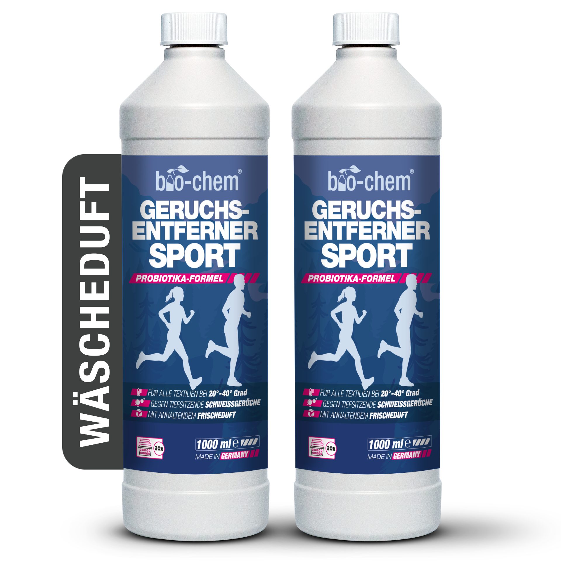 bio-chem Textilerfrischer Geruchsentferner & Wäscheduft Sport 1 L - Probiotischer Waschzusatz (Geruchsentferner Sport 2x 1 L + Dosierbecher)
