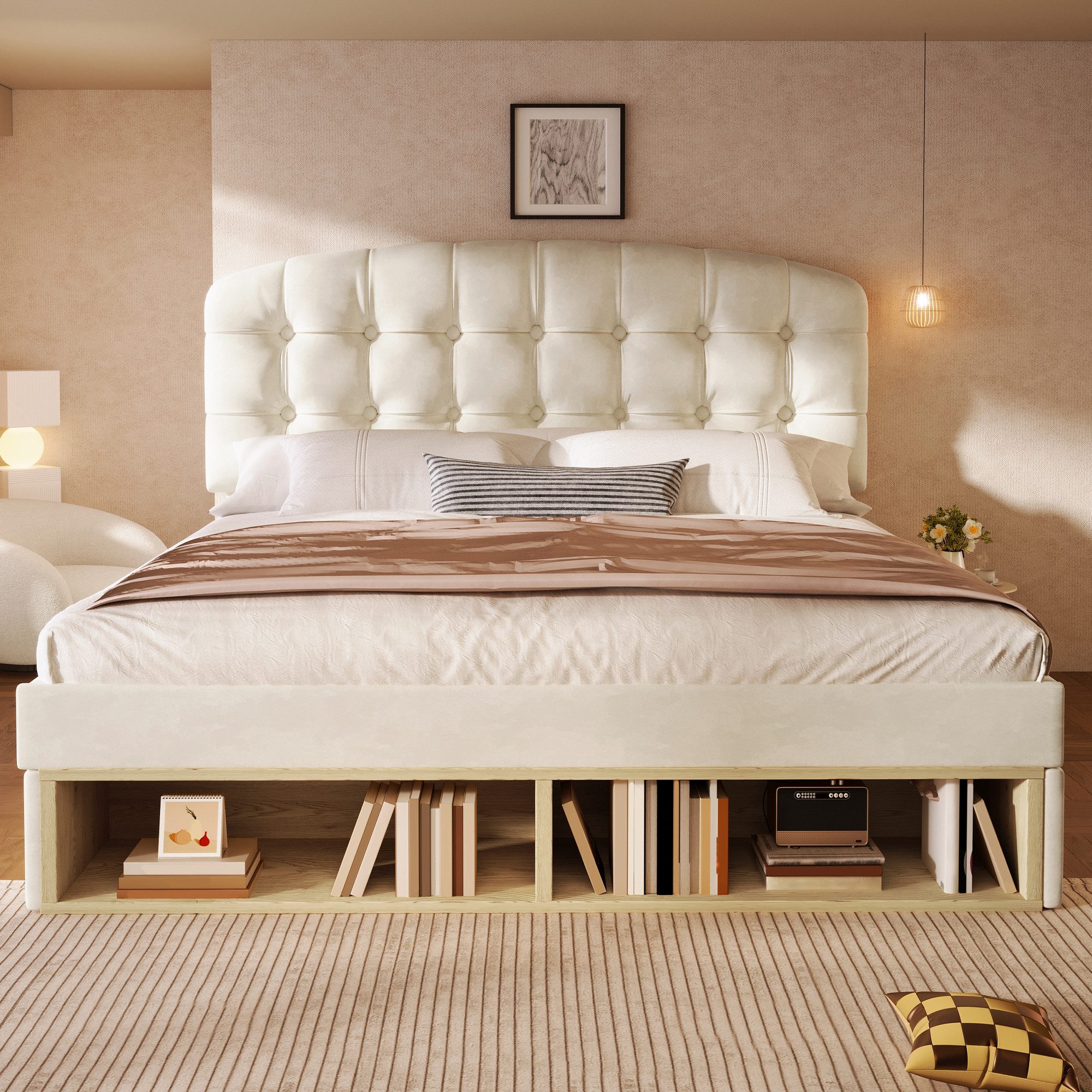 SeedWave Polsterbett Stauraumbett mit Samtbezug, Höhenverstellbarem Kopfteil 110-120cm, 140x190cm Doppelbett mit versteckten Schubladen, offene Ablagen
