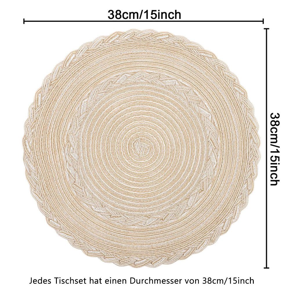 TUWENA Platzset 6er Set Boho Tischset Rund Geflochten, Platzdeckchen Abwaschbar, 38cm