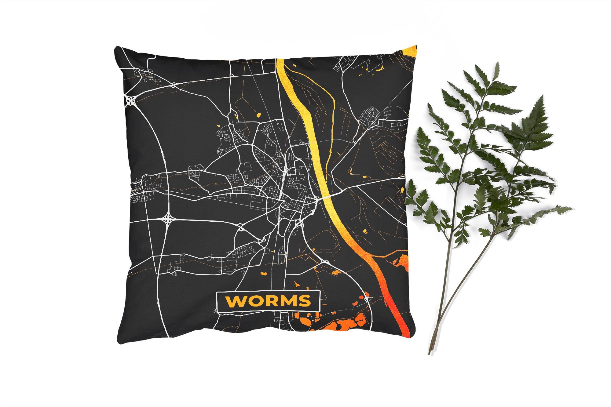 MuchoWow Dekokissen Stadtplan - Worms - Gold - Deutschland - Karte, Zierkissen mit Füllung für Wohzimmer, Schlafzimmer, Deko, Sofakissen
