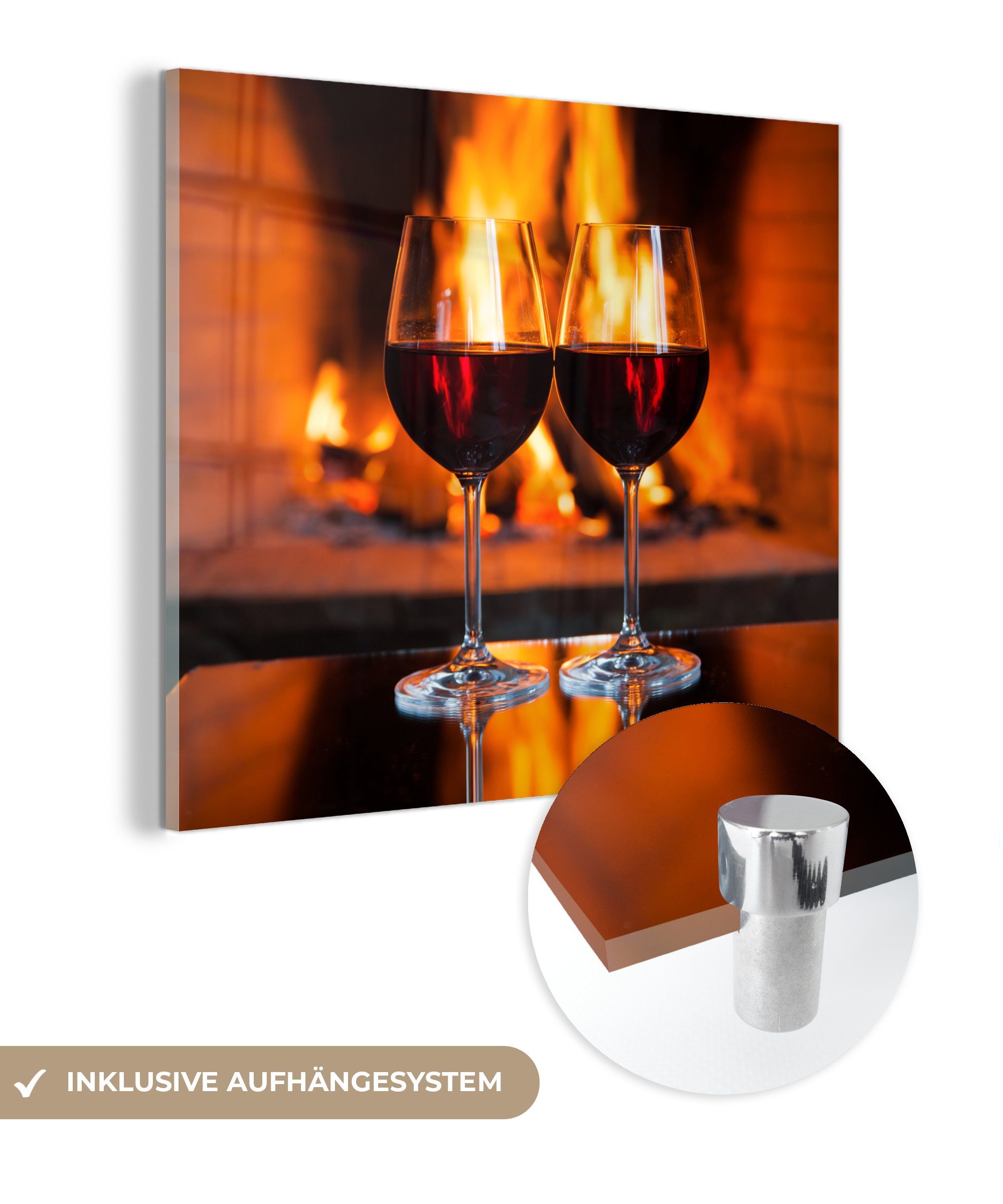 MuchoWow Acrylglasbild Zwei Gläser Rotwein am offenen Feuer, Inkl. Aufhängung, Bilder auf Glas Wandbild, Wanddeko Wohnzimmer Badezimmer, 20x20 cm