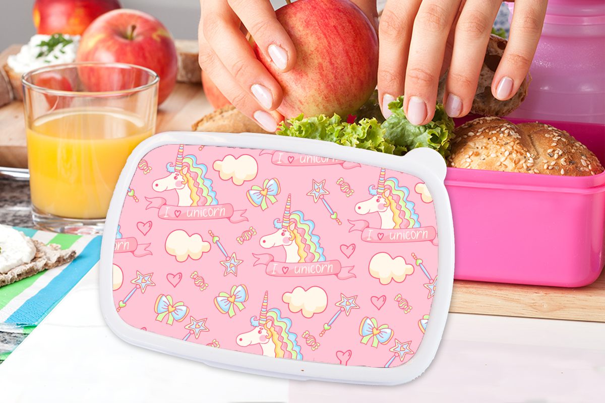 Lunchbox Erwachsene, Kunststoff - Kunststoff, - für Kinder, Snackbox, (2-tlg), Rosa MuchoWow Muster - Kind, Brotbox Einhorn Mädchen, Brotdose