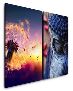 Sinus Art Leinwandbild 2 Bilder je 60x90cm Pusteblume Buddhakopf Sonnenuntergang Meditation Yoga Stille Beruhigend
