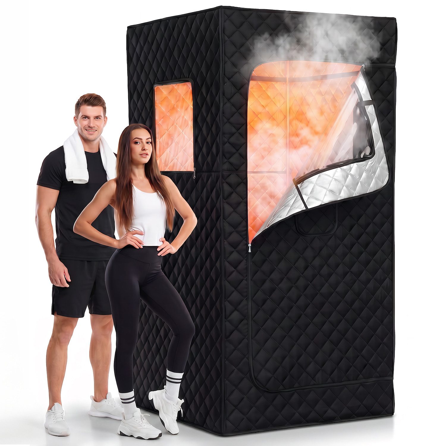 WILGOON Sauna Dampfsauna für Zuhause mit 1500 W Dampfgenerator und 3 L Tank, (9 Wärmestufen und Timer für individuell einstellbaren Dampfkomfort, 90 × 90 × 180 cm Saunazelt mit Stuhl und Fernbedienung) Faltbares Home-Spa-Set mit Fußmatte und Fußmassagegerät