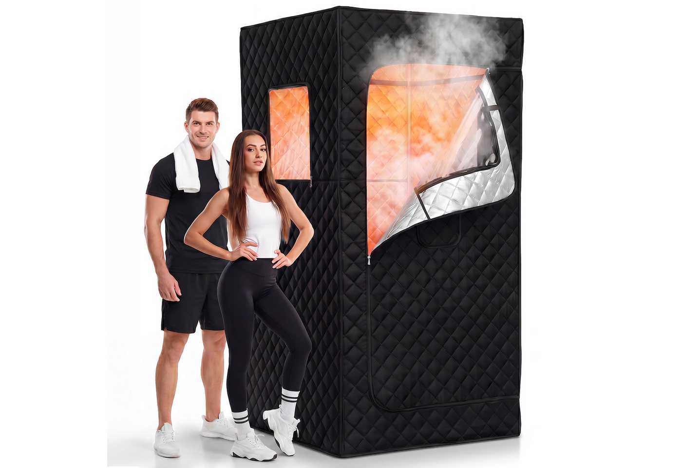 oyajia Sauna Dampfsauna für Zuhause mit 1500 W Dampfgenerator und 3 L Tank, (9 Wärmestufen und Timer für individuell einstellbaren Dampfkomfort, 90 × 90 × 180 cm Saunazelt mit Stuhl und Fernbedienung) Faltbares Home-Spa-Set mit Fußmatte und Fußmassagegerä