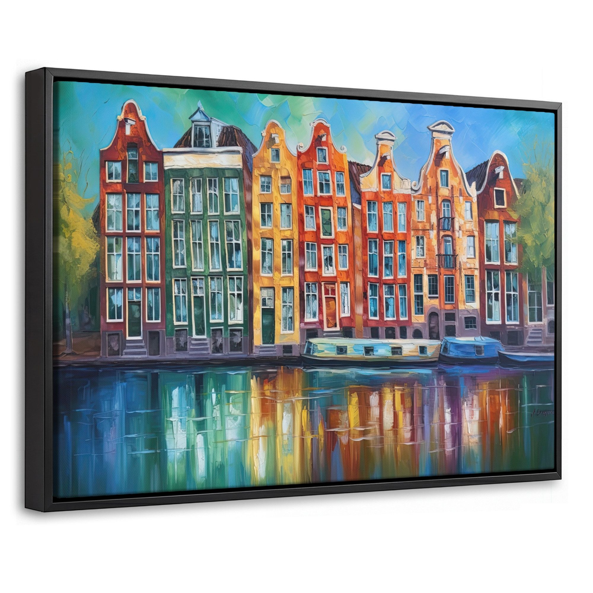 OnlyWow Leinwandbild mit Rahmen - Amsterdam - Ölfarbenoptik - Gracht - Kunstdrucke - Kunst, Fotodruck (1 St), Bilder, Zimmer Wand Bild Dekoration 30x20cm