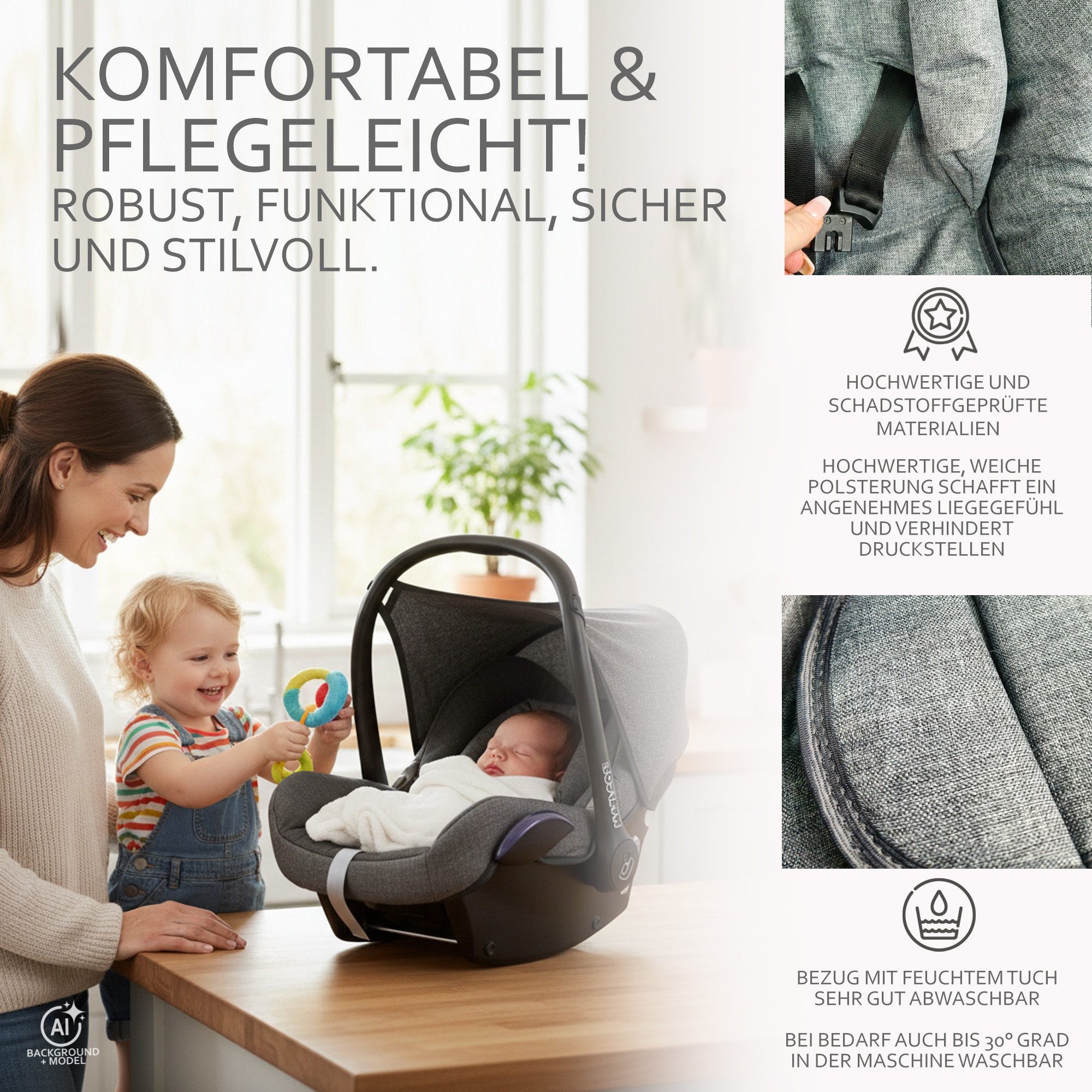 BambiniWelt by Rafael K. Babyschale Ersatzbezug kompatibel mit Maxi Cosi Cabrio Fix Babyschale 6-tlg, ab: 0+, bis: 14 Monate – Bild 4 von 5