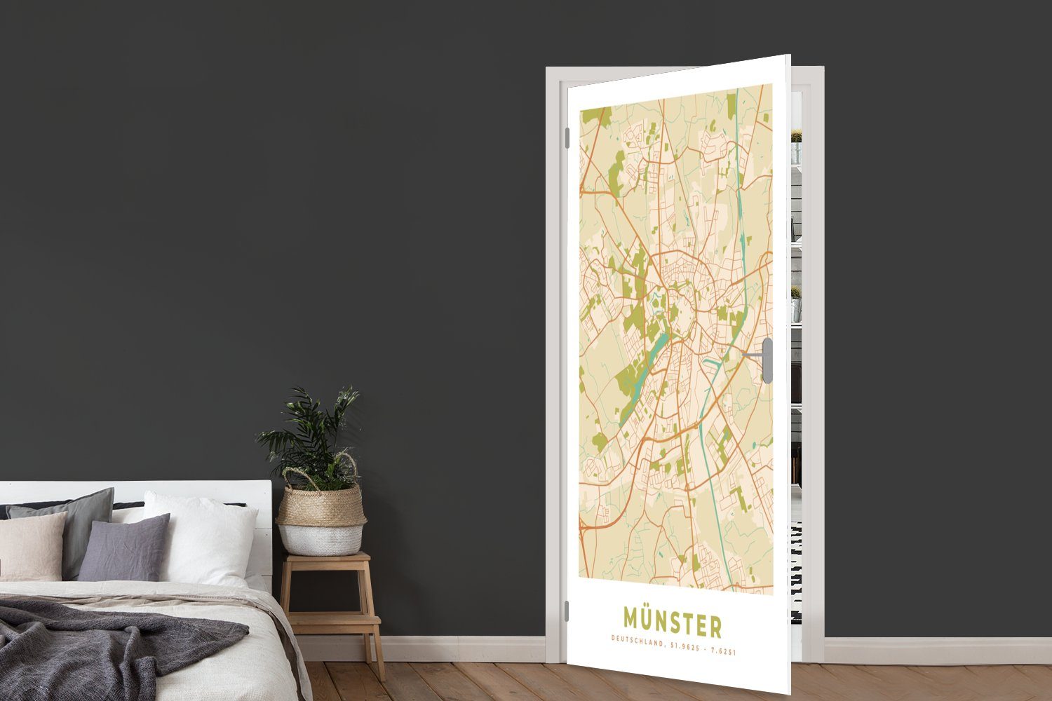- bedruckt, Türtapete Matt, 75x205 Stadtplan Karte Karte, St), Fototapete Vintage - MuchoWow Münster für (1 - cm Tür, Türaufkleber, -