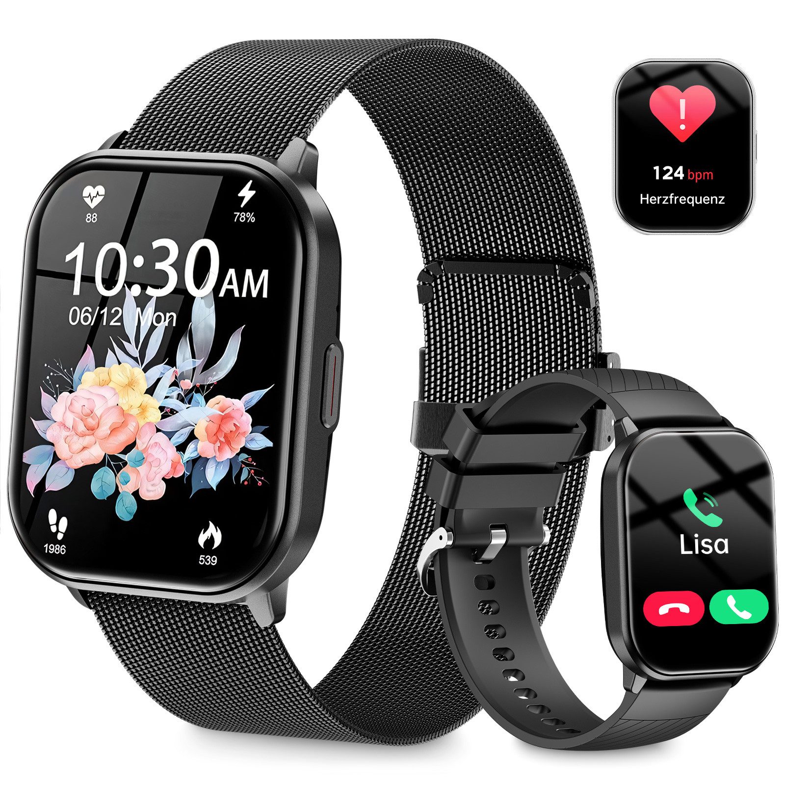 Yuede Smartwatch Damen & Herren mit 2 Armbändern, Fitness Uhr Smartwatch (Kratzfestes Voll Touch Farbdisplay cm/2.01 Zoll), Fitnessuhr mit Bluetooth-Anruf & Gesundheits-Tracker, Bluetooth 5.3 Sportuhr, IP67 wasserdicht, unterstützt 120+ Sportmodi, verfügbar für Android 5.0+ / iOS 9.0+