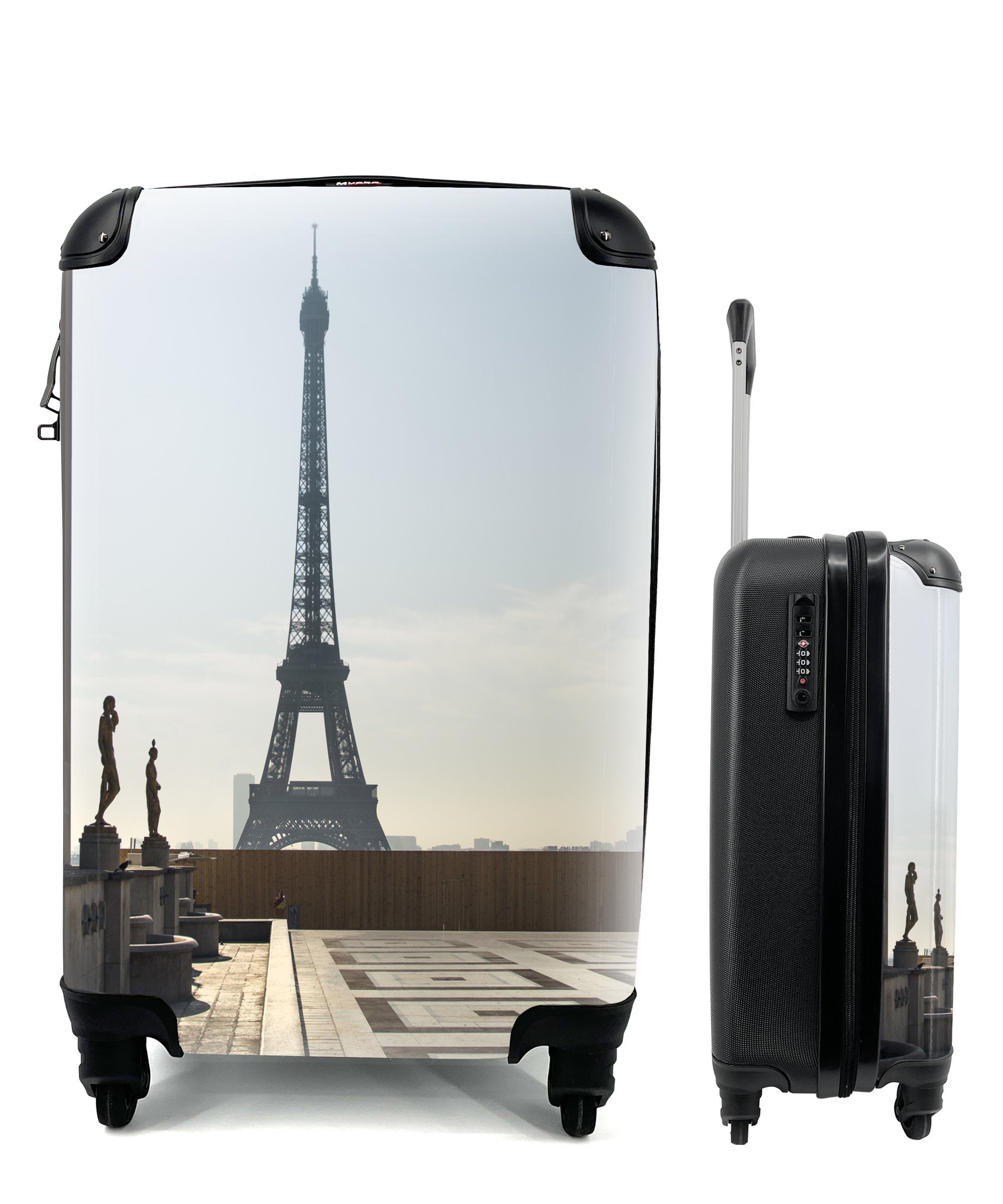 Trocadero-Platz dem für rollen, Eiffelturm Reisekoffer Handgepäckkoffer Reisetasche mit Ferien, 4 mit MuchoWow Handgepäck im Hintergrund, Rollen, Trolley,