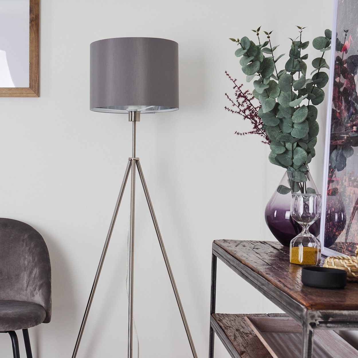 hofstein Stehlampe »Gardi« Stehleuchte 1-flammige Bodenlampe aus Metall in Nickel, ohne Leuchtmittel, 3000 Kelvin, 1xE27, runde Standlampe mit Stoffschirm in grau, Fußschalter am Kabel