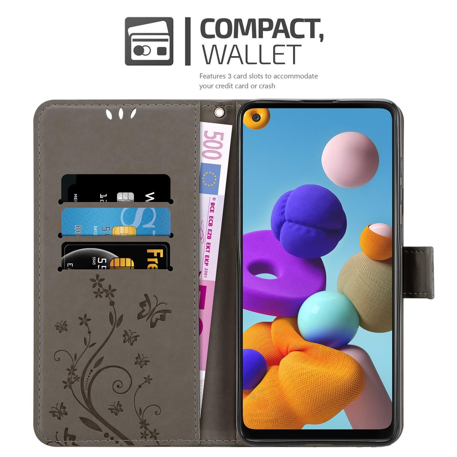 Cadorabo Handyhülle für Samsung Galaxy A21s Hülle Samsung Galaxy A21s, Hülle Schutzhülle Blumen Flower mit Standfunktion Kartenfach Magnet