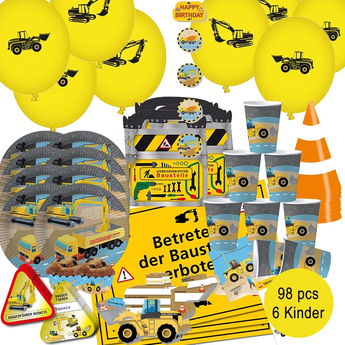 dh konzept Einweggeschirr-Set Baustellen XXL Party Deko Set für Kindergeburtstage