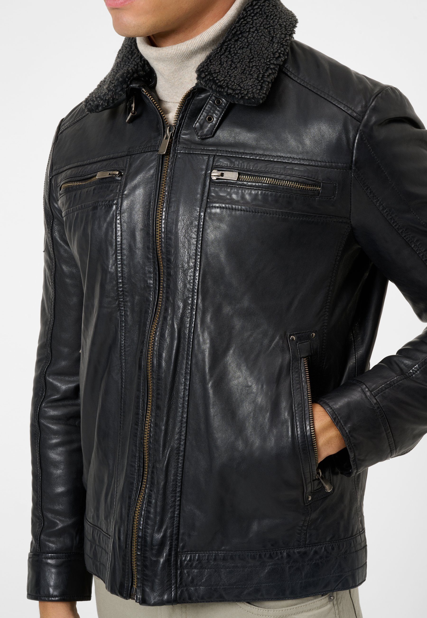 RICANO Lederjacke Dino Lederjacke mit Fellkragen und Brusttaschen