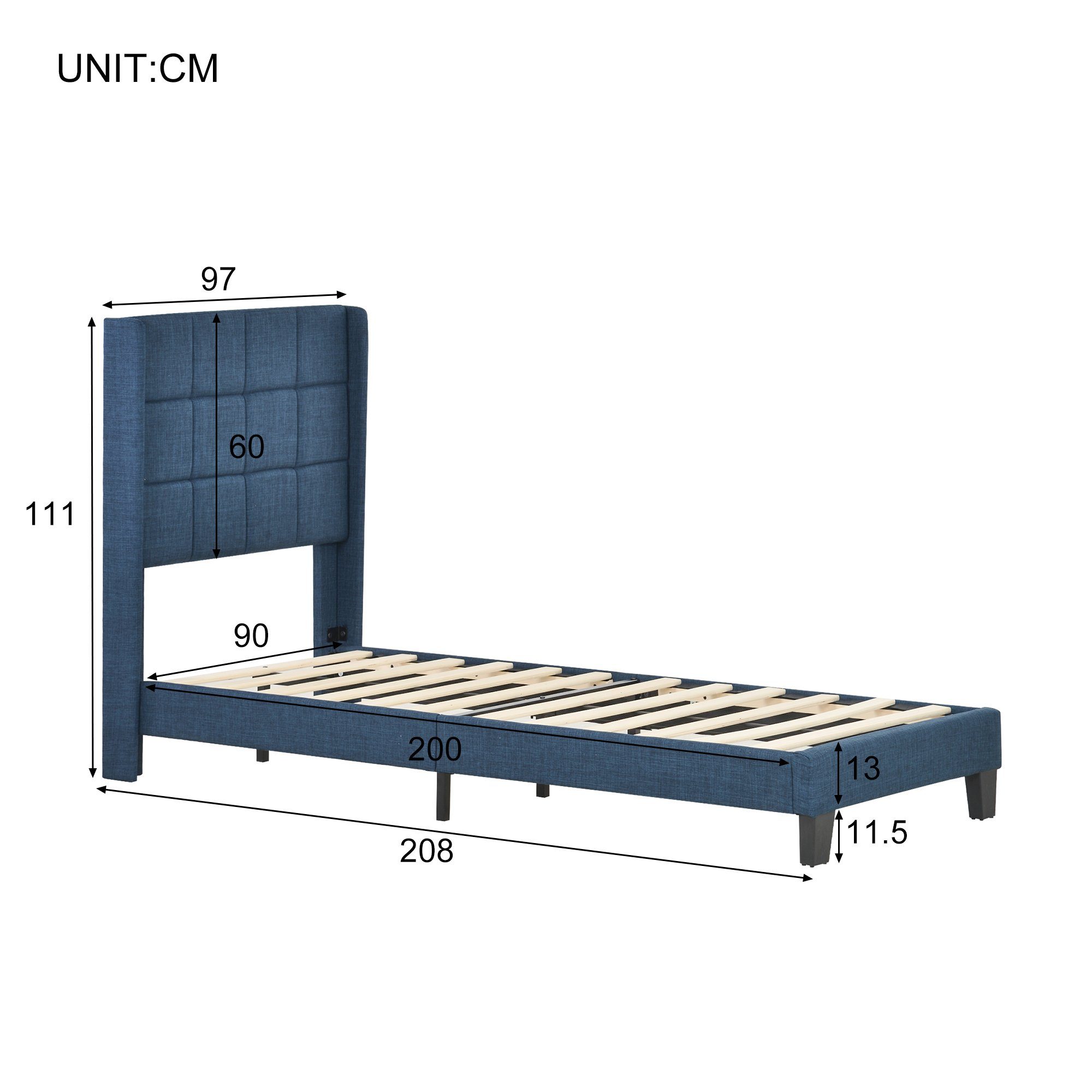 Polsterbett, Holzbett 90x200 cm, Lattenrost aus Holz, Gepolstertes Kopfteil, Leinen