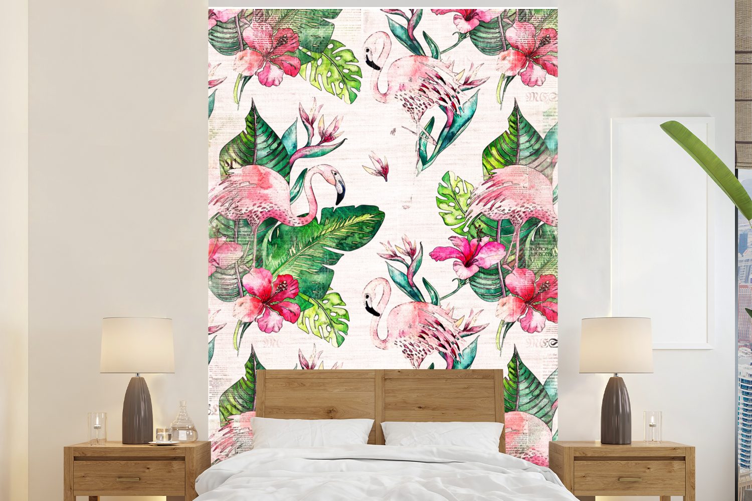 MuchoWow Fototapete Rosa - Muster - Flamingo, Matt, bedruckt, (3 St), Montagefertig Vinyl Tapete für Wohnzimmer, Wandtapete