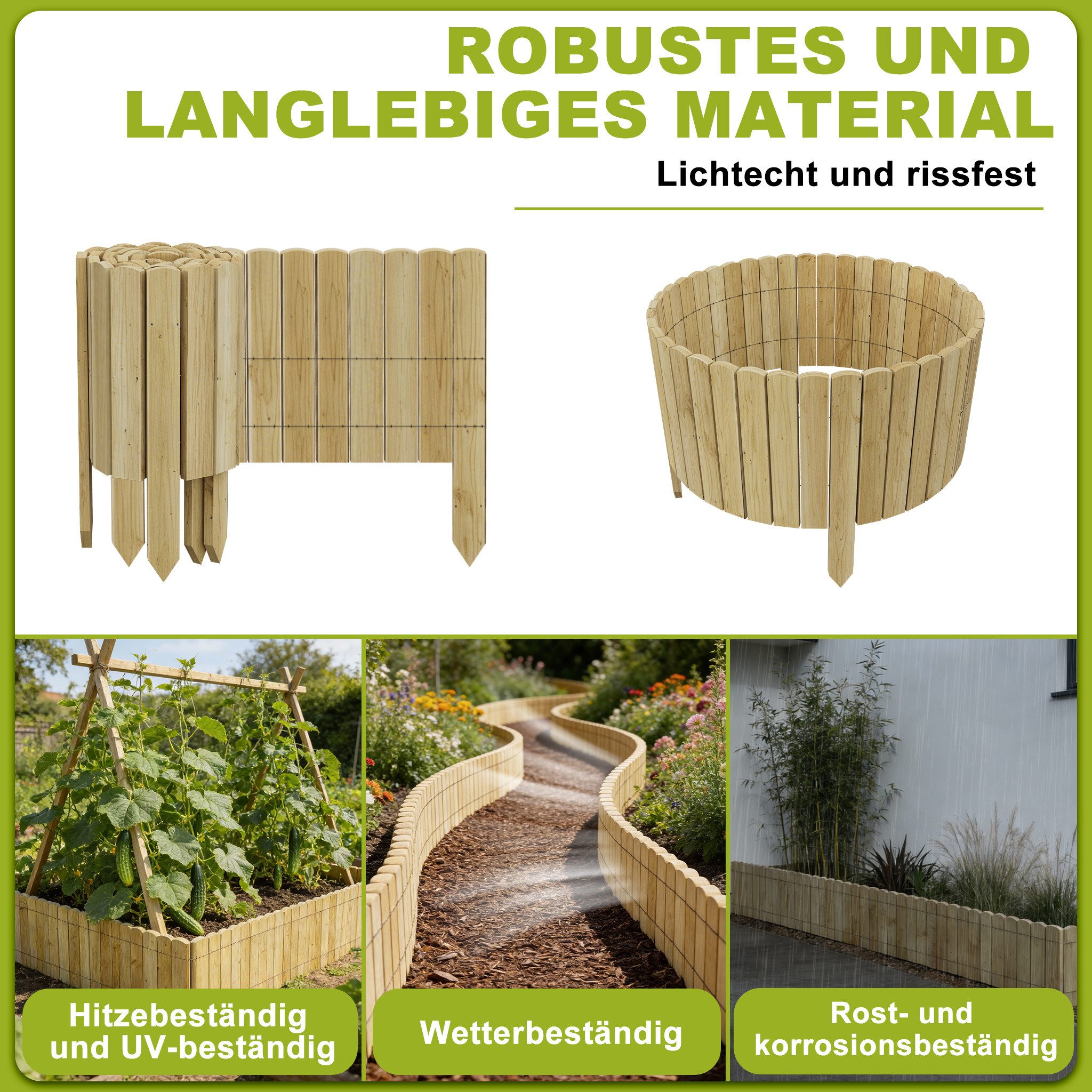 FIVMEN Holzzaun Flexibler Rasenkanten Beeteinfassung Beetumrandung in Holz Gartenzaun, (10/20/30/40 cm Hoch), Rollboarder Rasenbleche 200 cm Länge Anthrazit/Hol – Bild 5 von 5