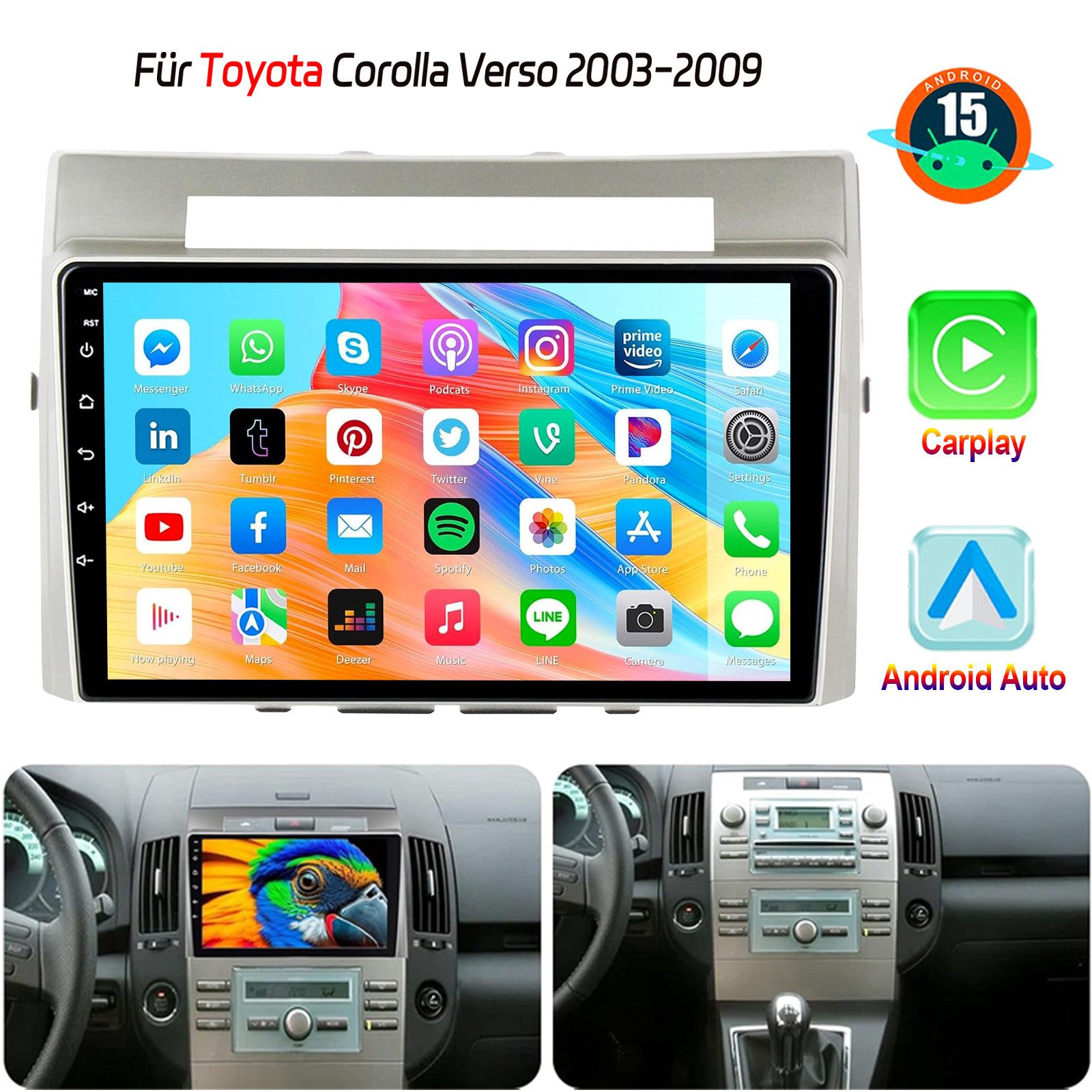 ESSGOO DAB+ Für Toyota Corolla Verso 2003-09 Android 15 Carplay GPS NAVI BT Autoradio (RDS, 4+64GB(optional), DAB (optional), FM, AM, DAB+ (optional), Carplay Android Auto Bluetooth EQ USB GPS Navi WIFI Touchscreen)