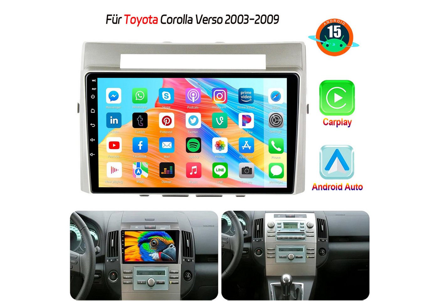 ESSGOO DAB+ Für Toyota Corolla Verso 2003-09 Android 15 Carplay GPS NAVI BT Autoradio (RDS, 4+64GB(optional), DAB (optional), FM, AM, DAB+ (optional), Carplay Android Auto Bluetooth EQ USB GPS Navi WIFI Touchscreen)