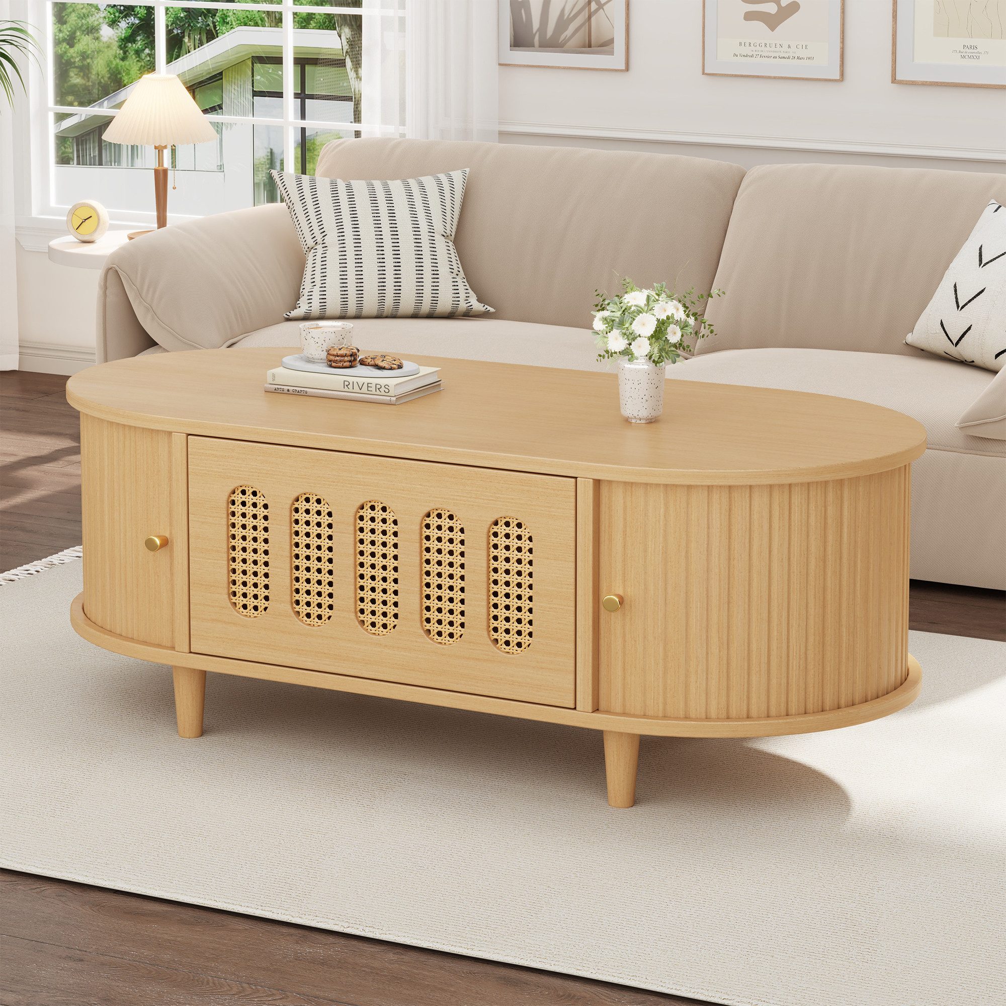 Merax Couchtisch mit 1 Schublade, 2 Rolltüren,offenen Regalen, Kaffeetisch in Holzoptik (1-St), Wohnzimmertisch mit Rattan-Lamellenoptik & 4 Stützbeinen, 100x50x40cm