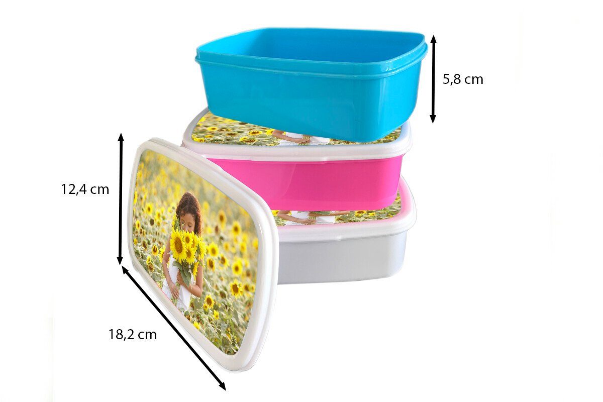 aus Mädchen Sonnenblumen, MuchoWow Kinder und Brotbox Brotdose, mit einem für weiß für Blumenstrauß Jungs (2-tlg), und Mädchen Erwachsene, Kunststoff, Lunchbox