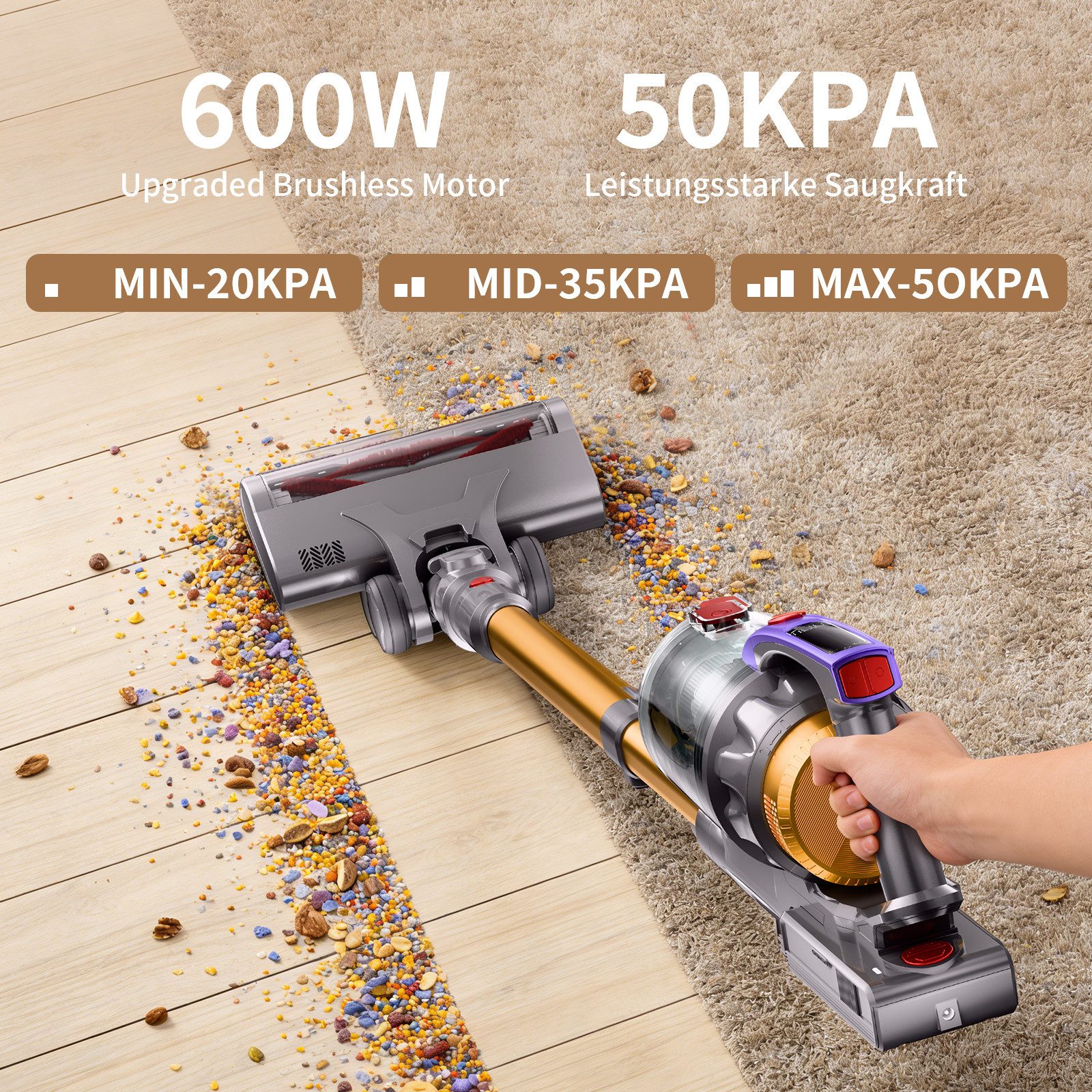 AKKEE Akku-Hand-und Stielstaubsauger Akku Staubsauger 50000Pa/600W/70Min, 600 W, beutellos