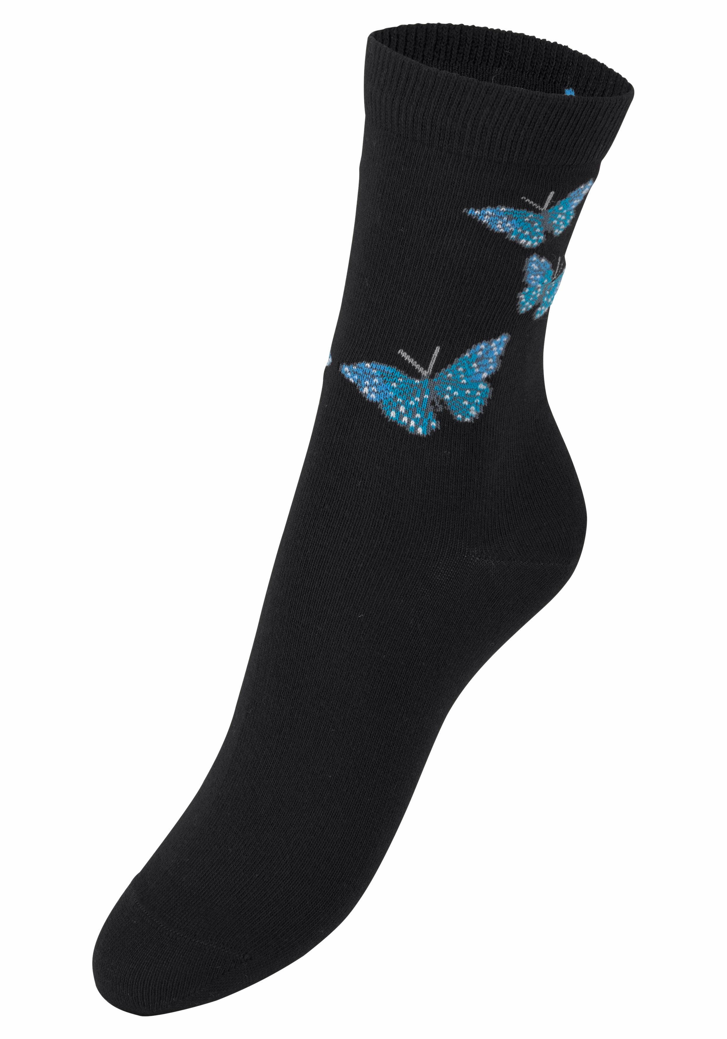 und mit (Set, H.I.S Socken Vogelmotiven Schmetterlings- 7-Paar)
