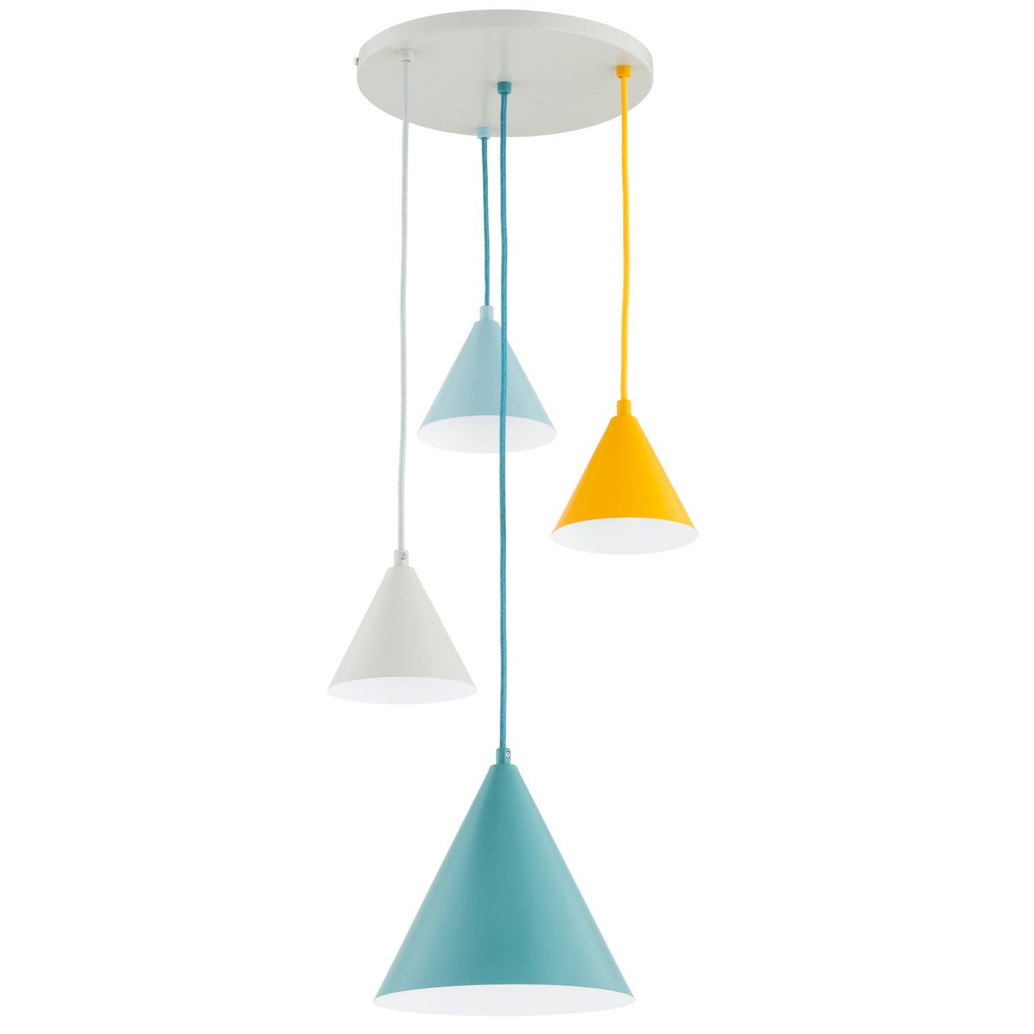 Licht-Erlebnisse Pendelleuchte GALAMA, ohne Leuchtmittel, Metall E27 40 cm breit H: max. 95 cm Grau Blau Gelb 4-flammig