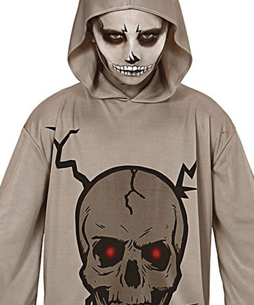 Karneval-Klamotten Kostüm Horror Kinder Gewand mit Kapuze und Totenkopf, Halloween Kapuzenumhang hell ohne Maske mit Aufdruck