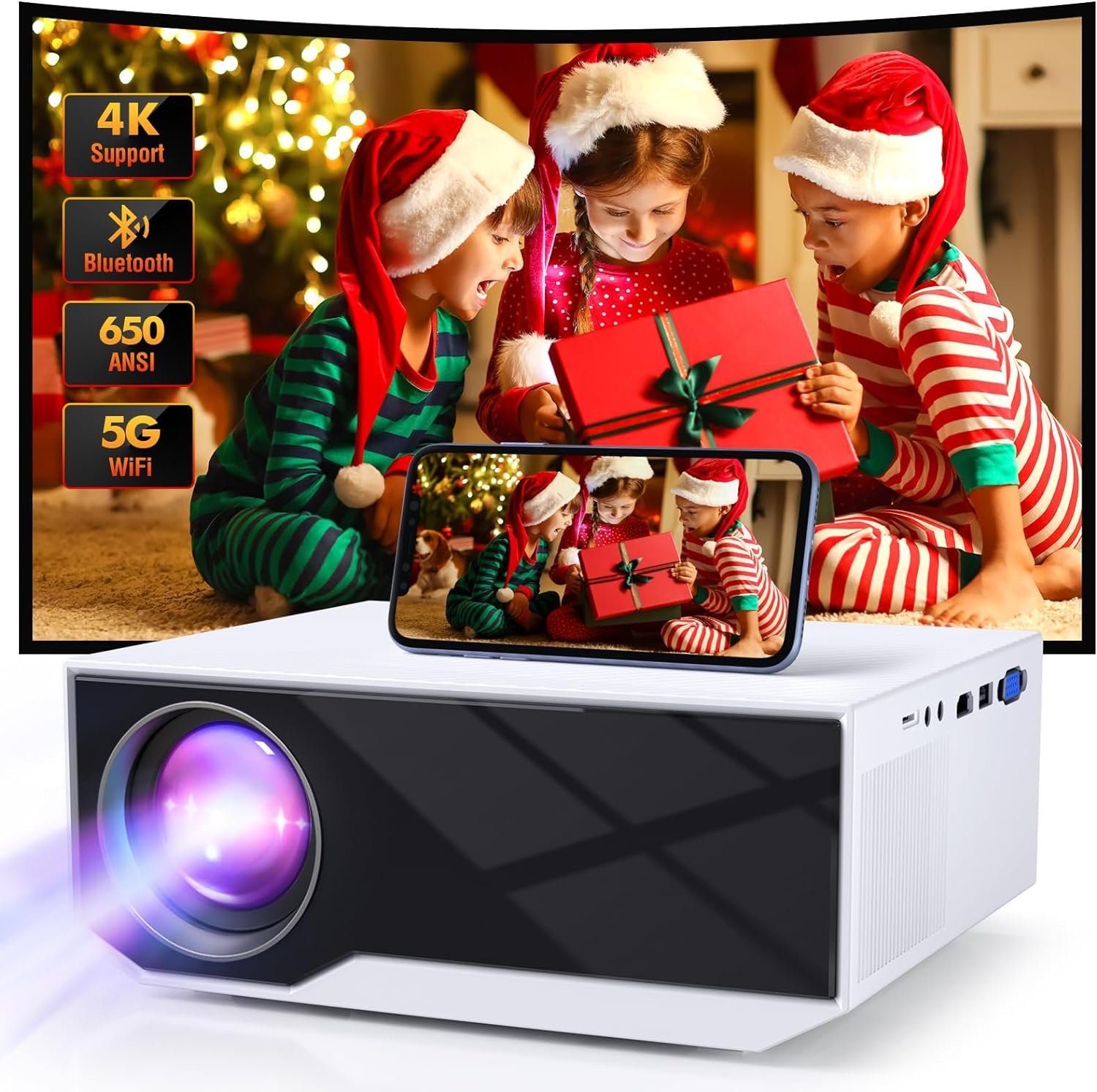 Wielio Portabler Projektor (22000 lm, 1920 x 1080 px, 5G WiFi Bluetooth, Mini Outdoor/Home Video Beamer Full HD Native 1080P)