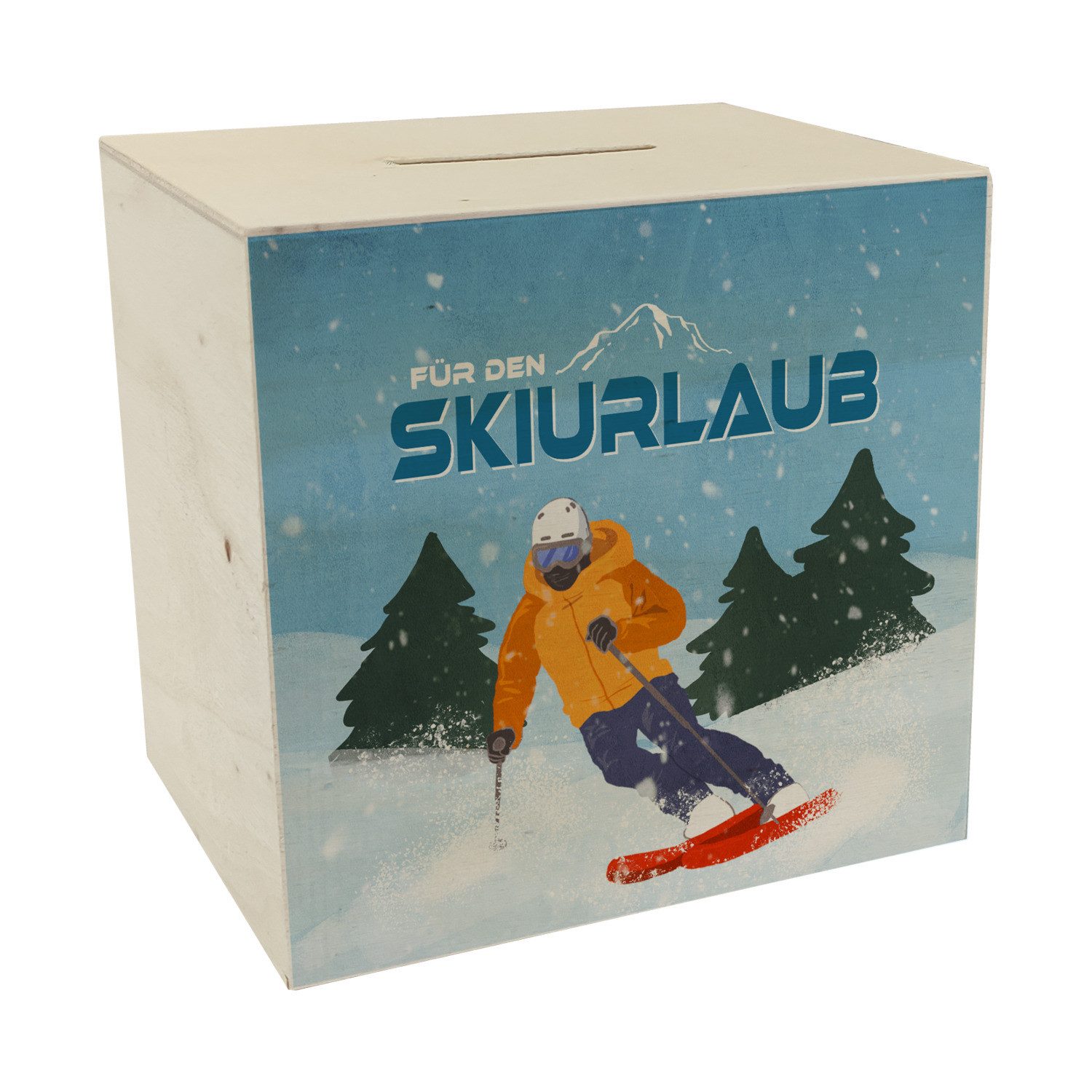 speecheese Spardose Für den Skiurlaub Spardose aus Holz mit coolem Skifahrer