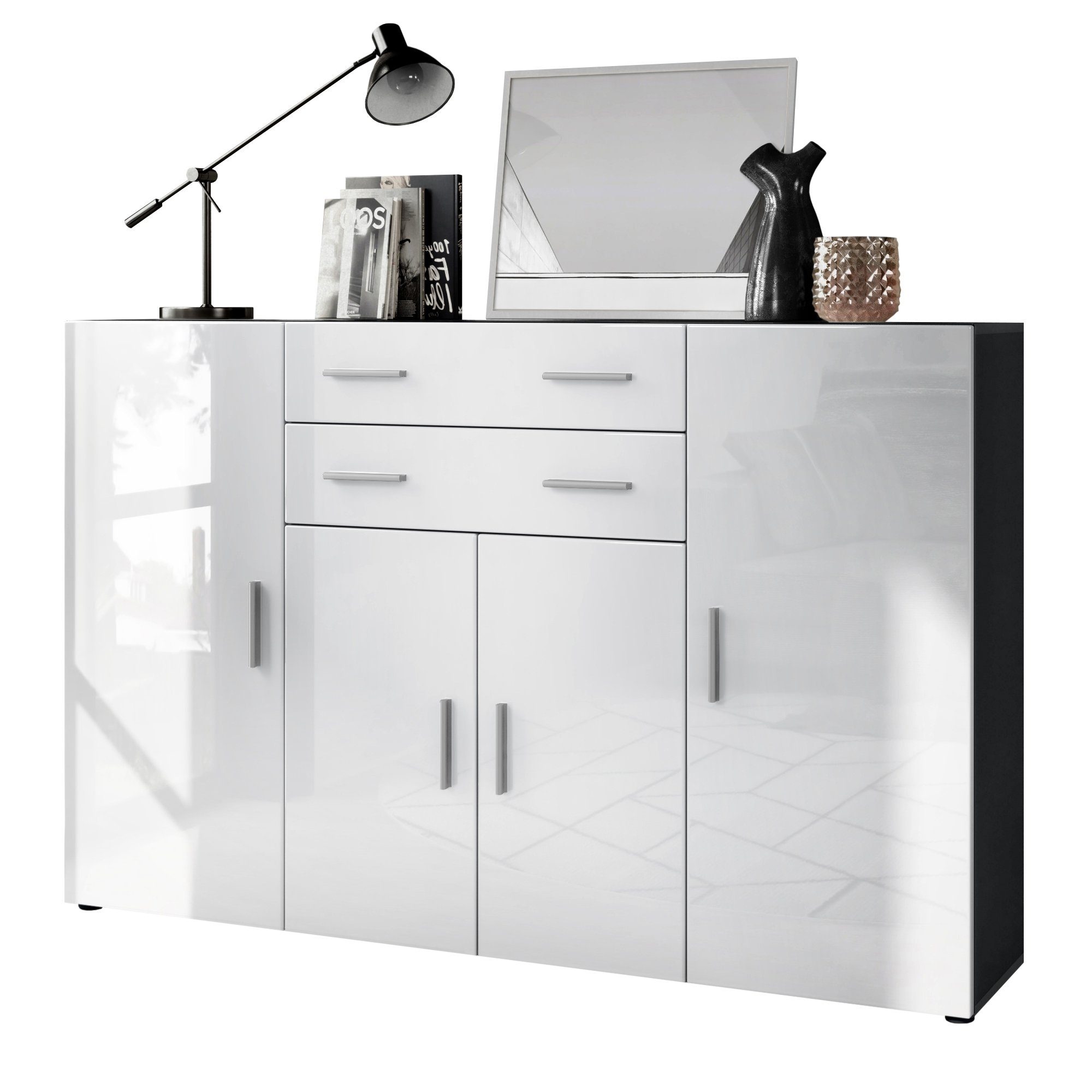 Vladon Highboard Aron (Anrichte, mit 4 Türen und 2 Schubladen), Anthrazit matt/Weiß Hochglanz (166,5 x 106,5 x 35 cm)