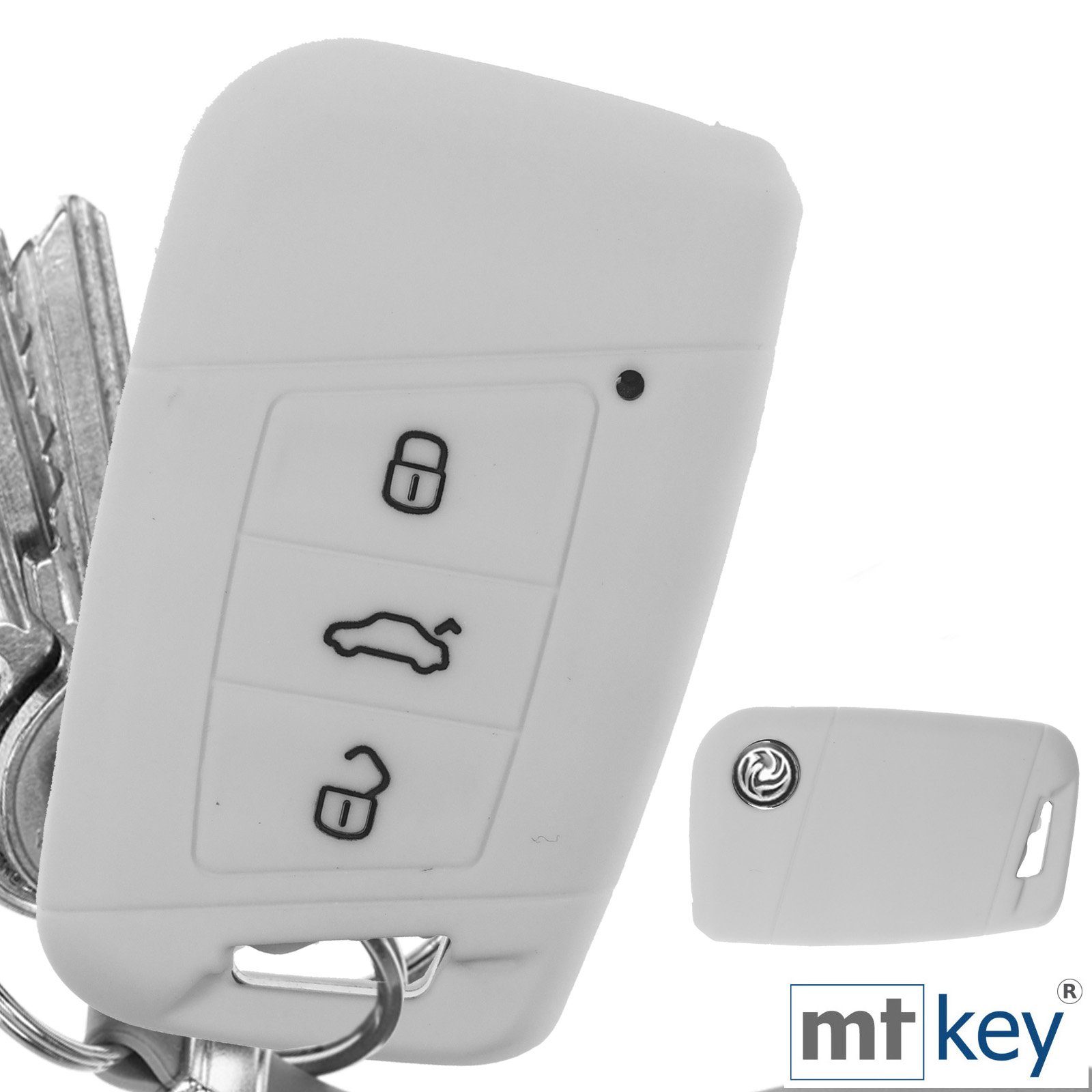 mt-key Schlüsseltasche für B8 Silikon Tasten SMARTKEY VW Autoschlüssel 3 Softcase Weiß mit Schutzhülle Schlüsselband, Skoda Kodiaq Passat KEYLESS Arteon