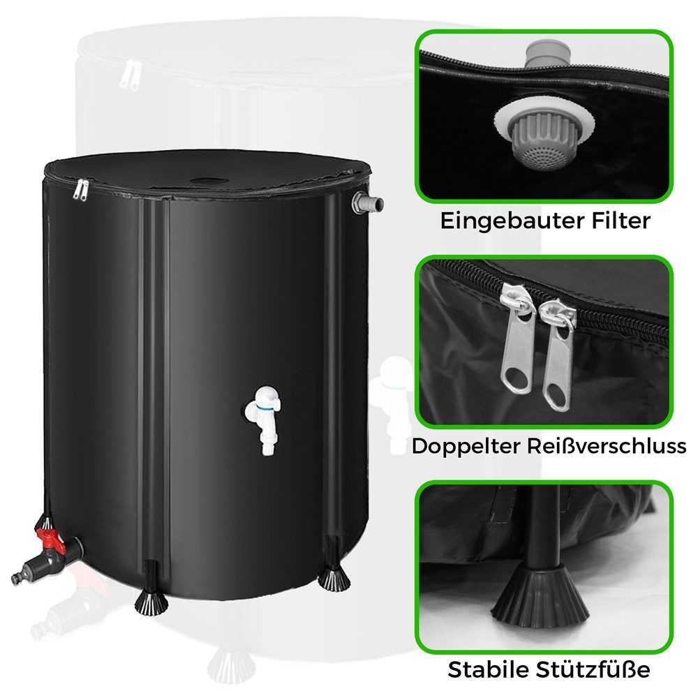 Feel2Home Regentonne Regentonne faltbar + Hahn Regenfass Wassertank ver. Größen, 380 l, (Stück, Stück), inkl. 2 Meter Wasserschlauch mit Anschluss