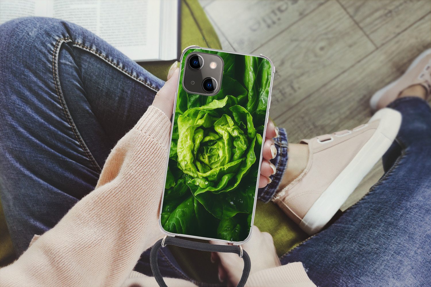 MuchoWow Handyhülle für Apple iPhone 13 Mini Gemüse - Kopfsalat - Grün, Tragbare Handyhüllen mit Kette zum umhängen, Handykette Handyband