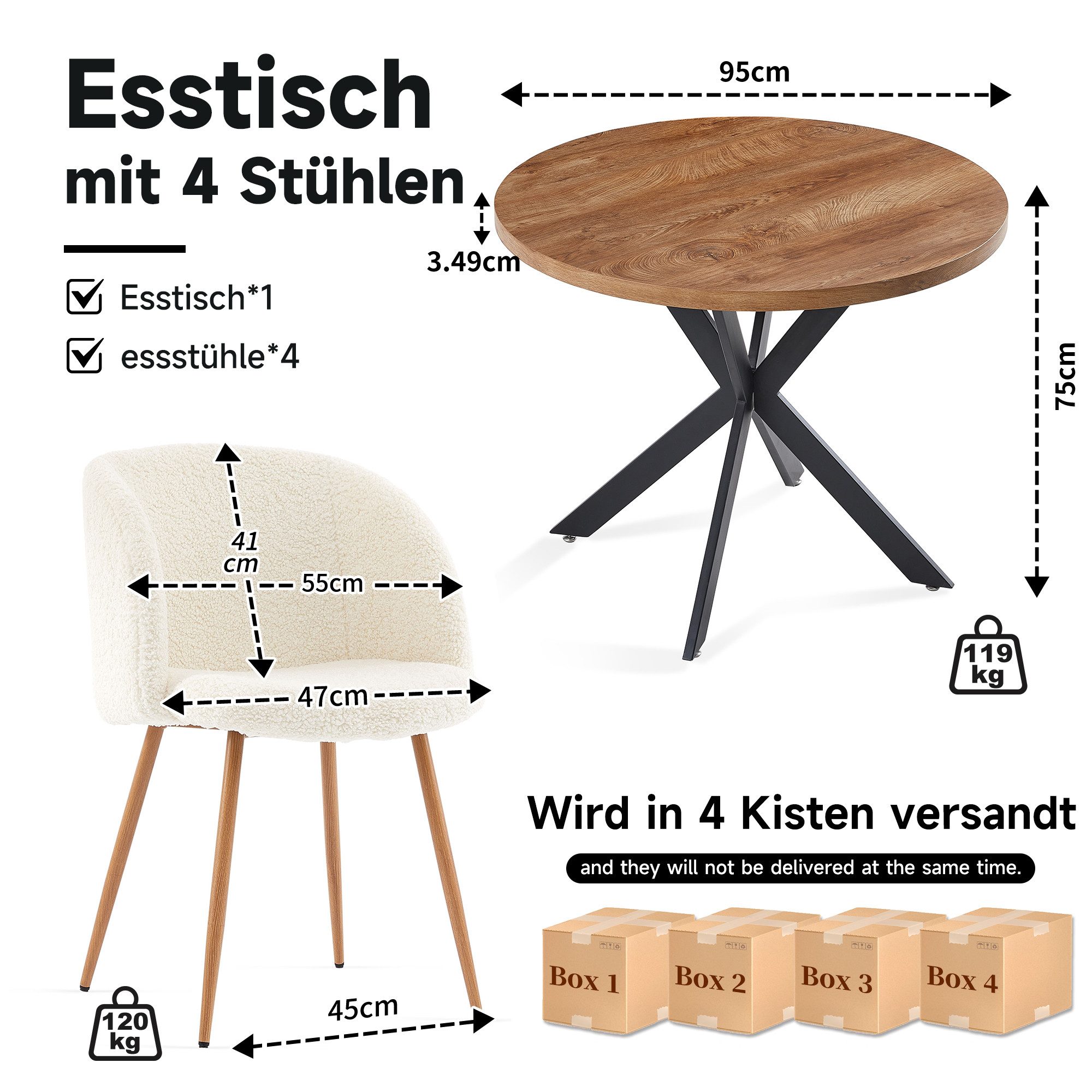 NORDICANA Essgruppe runder Esstisch Ø 95 cm mit Esszimmerstuhl, (5-tlg., 1 Esstisch und 4 Küchenstühle) – Bild 2 von 5
